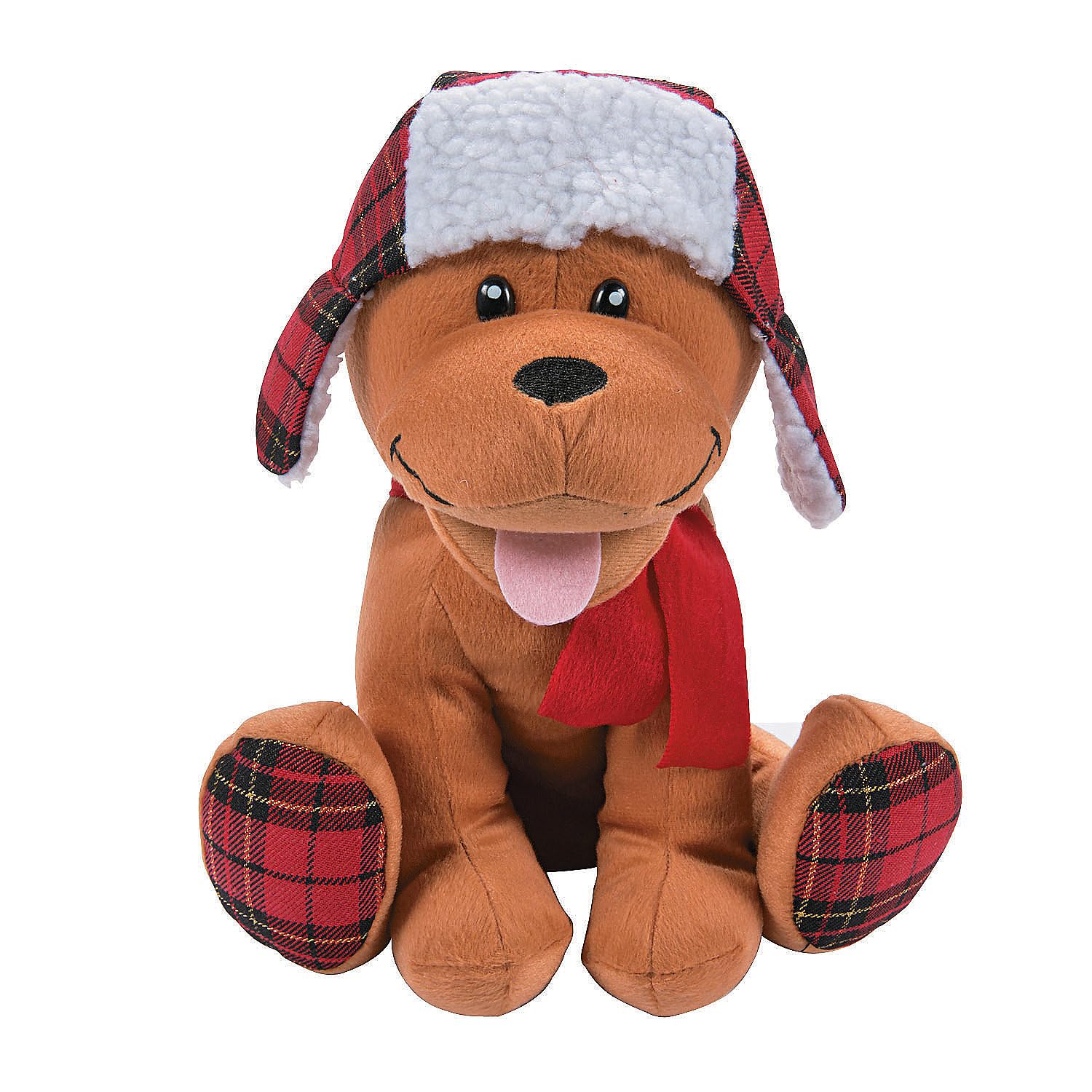 Fun Express Christmas Stuffed Dog Plush Toy with Plaid Pattern - Cute Holiday Gift for Kids & Dog Lovers - Perfect for Christmas Decorations, Stocking Stuffers & Cozy Home Decor