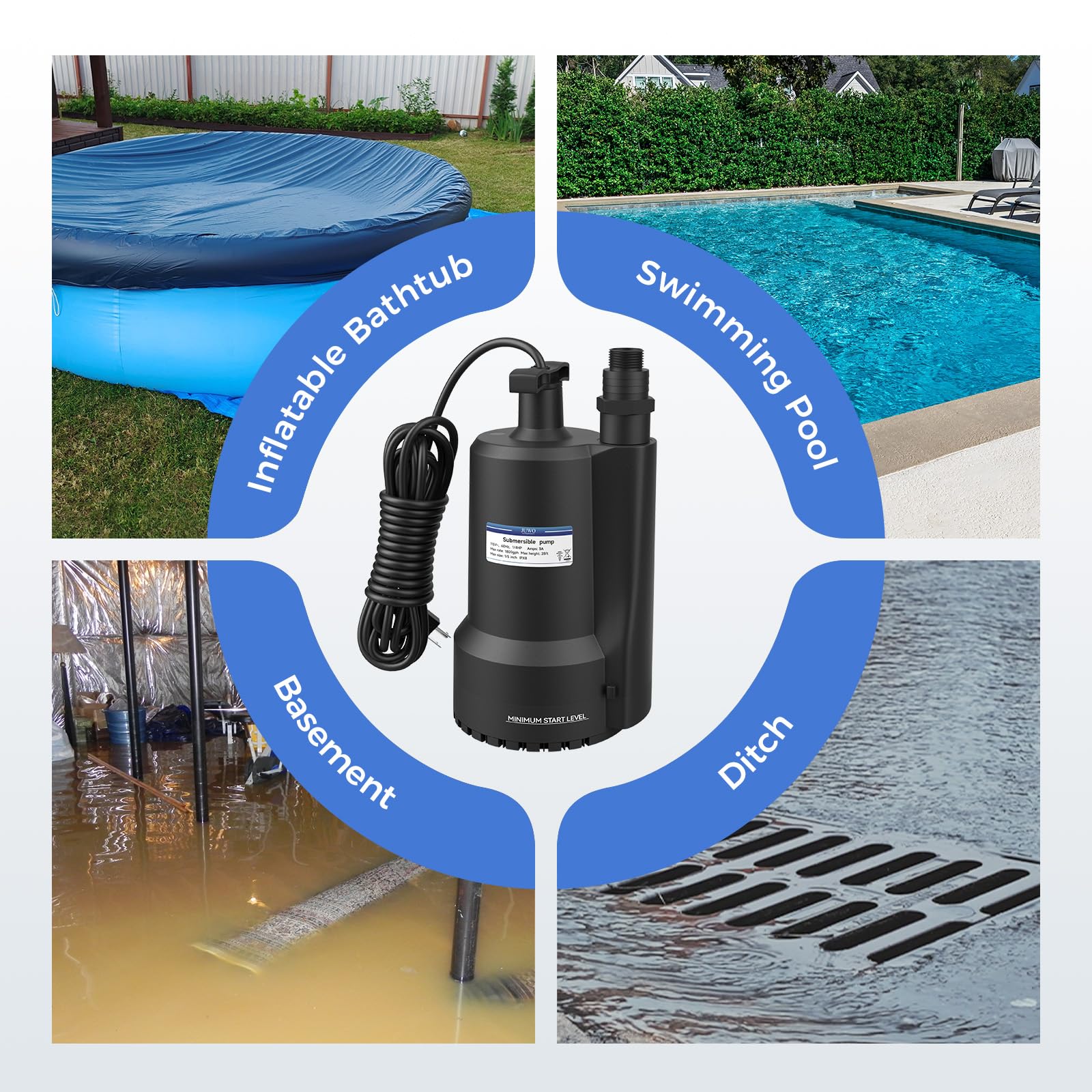 1/4 HP 1800GPH Submersible Water Pump - Thermoplastic Utility Pump for Pool Draining, Basement, Garden Pond | Portable Electric Sump with 10ft Cord | Ideal for Swimming Pools, Tubs, Flooded Areas & Water Transfer