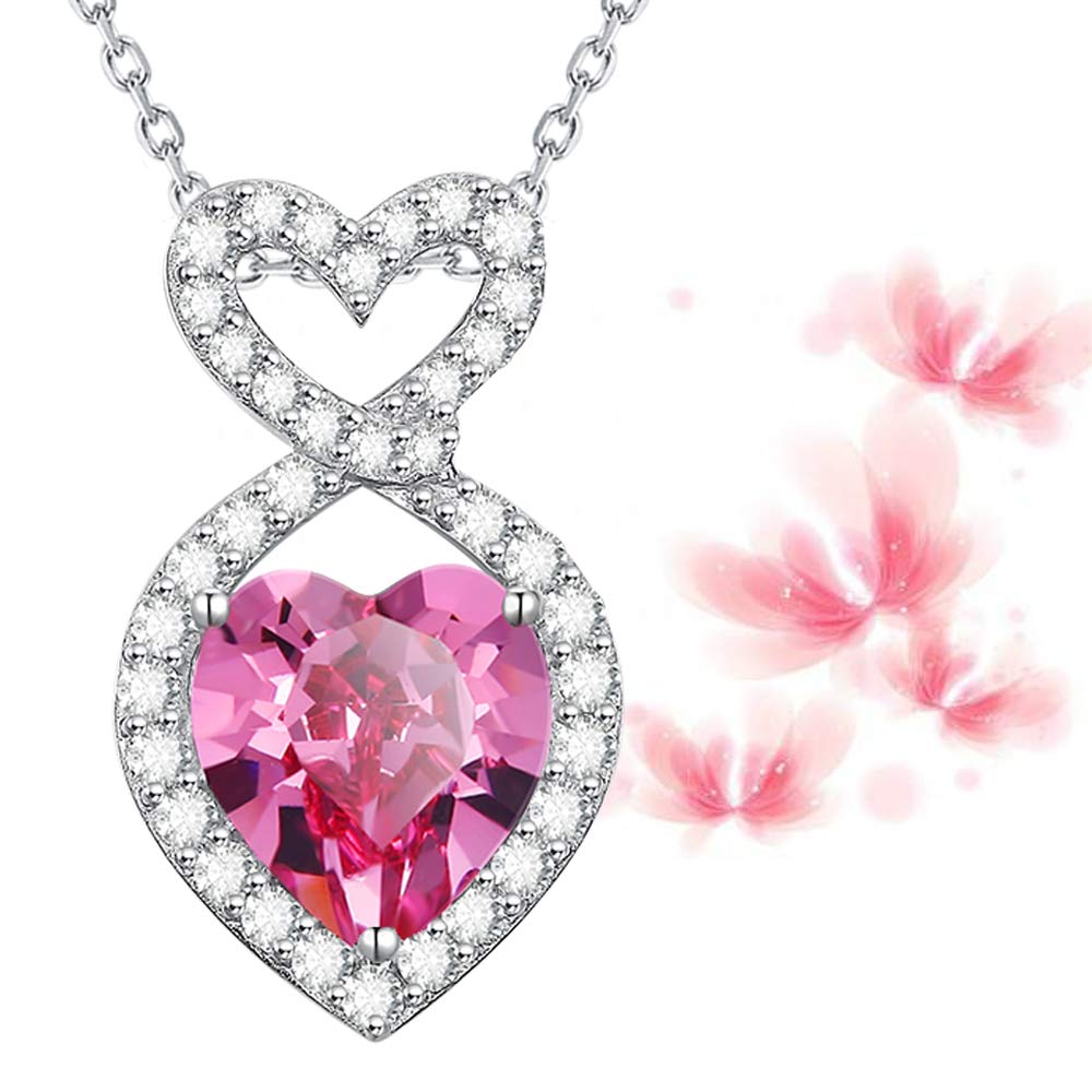 October Birthstone Necklace for Women - Sterling Silver Pink Tourmaline Double Heart Infinity Pendant - Mothers Day Gift, Birthday Present for Wife & Mom - Perfect for Anniversaries, Valentines & Special Occasions