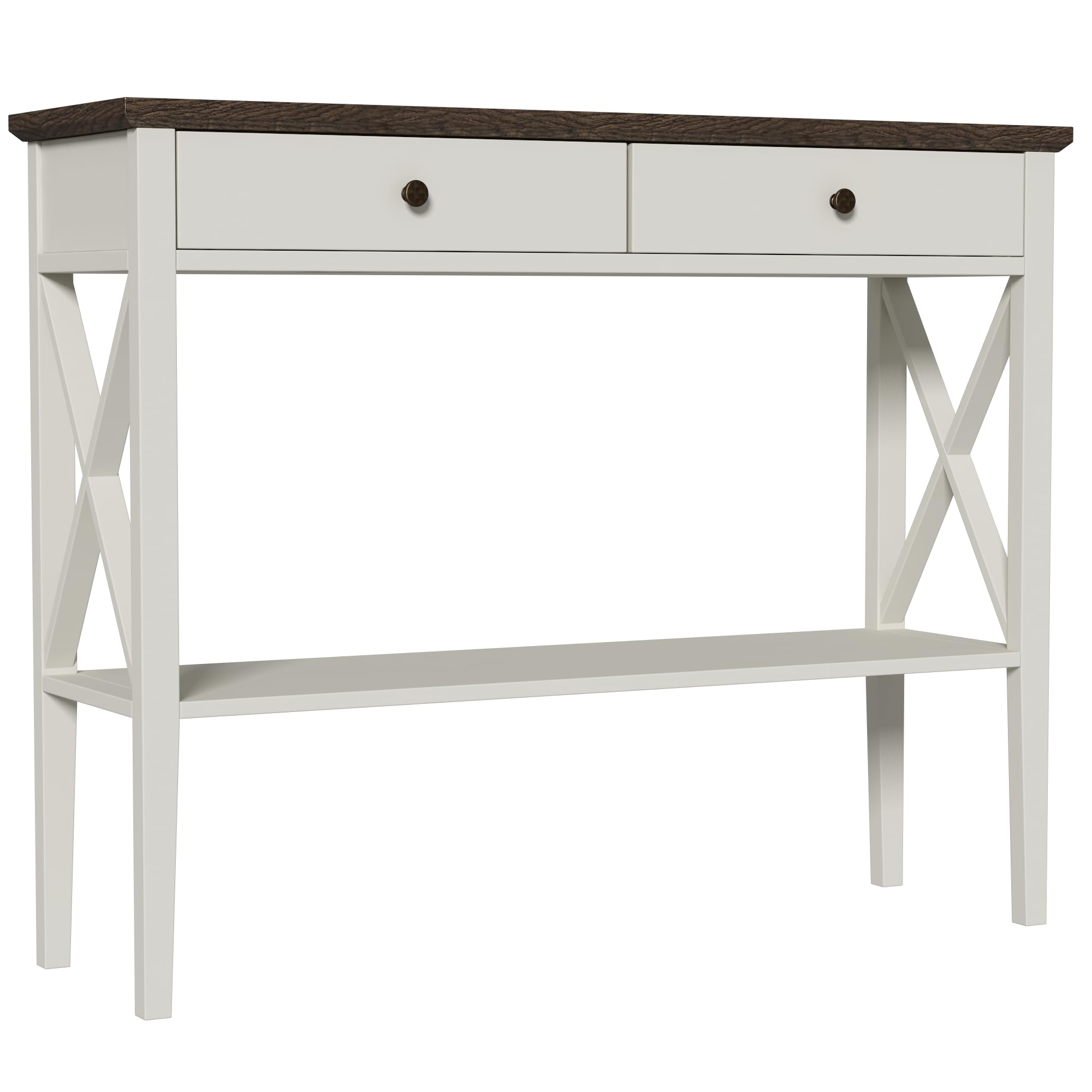 ChooChoo Farmhouse Console Table with Drawers - Narrow Wooden Sofa Table for Entryway, Hallway & Living Room - Antique White & Brown Finish - Perfect for Small Spaces & Home Decor Storage