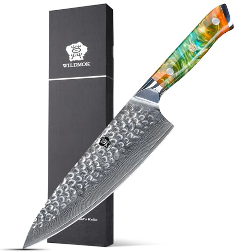 ❀❀Silver Damascus steel feather pattern Blade, ♥♥Orange resin handle✨
