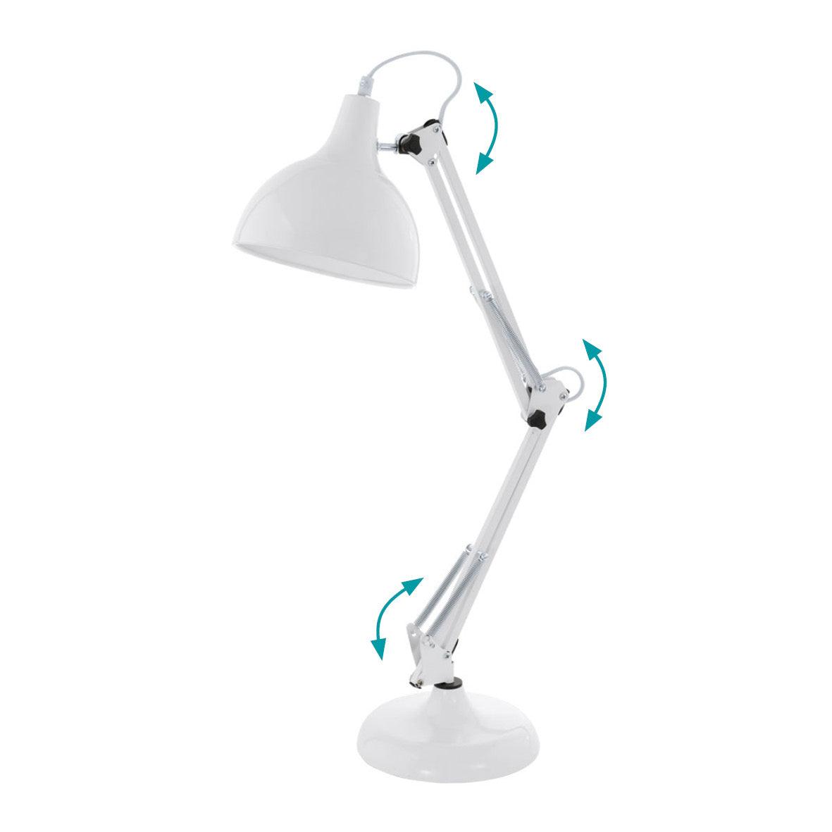Eglo Borgillio White Metal Adjustable Desk Lamp - Modern LED Task Light for Home Office, Study & Reading - Dimmable Workspace Lighting with Flexible Gooseneck Design
