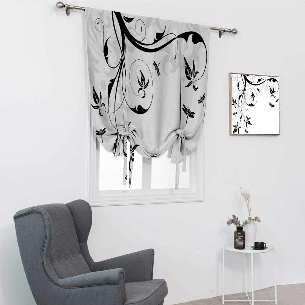 Dragonfly Roman Window Shades with Swirled Floral & Damask Leaf Print - Light Grey Black White Tie-Up Balloon Curtain, 39x64 Inches - Perfect for Living Room, Bedroom & Office Decor