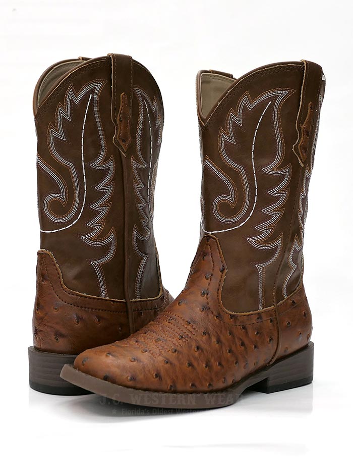 Roper 0807 Kids Western Boots - Tan Ostrich Print Square Toe Cowboy Boots for Boys & Girls | Perfect for Rodeo, Country Dance & Western Fashion