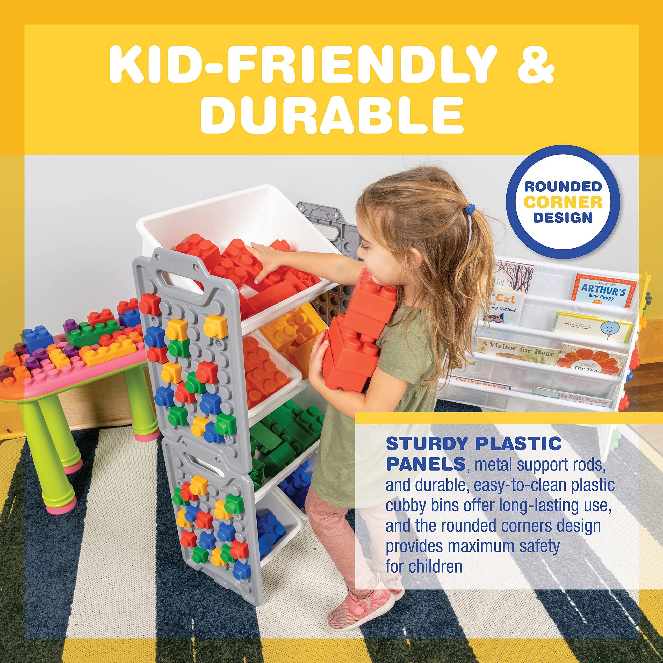 UNiPLAY 6-Bin Toy Storage Organizer with Removable Bins - Kids Bookshelf for Building Blocks, School Supplies & Toys - Sturdy Baseplate Frame (Gray) - Perfect for Playrooms, Classrooms & Home Organization