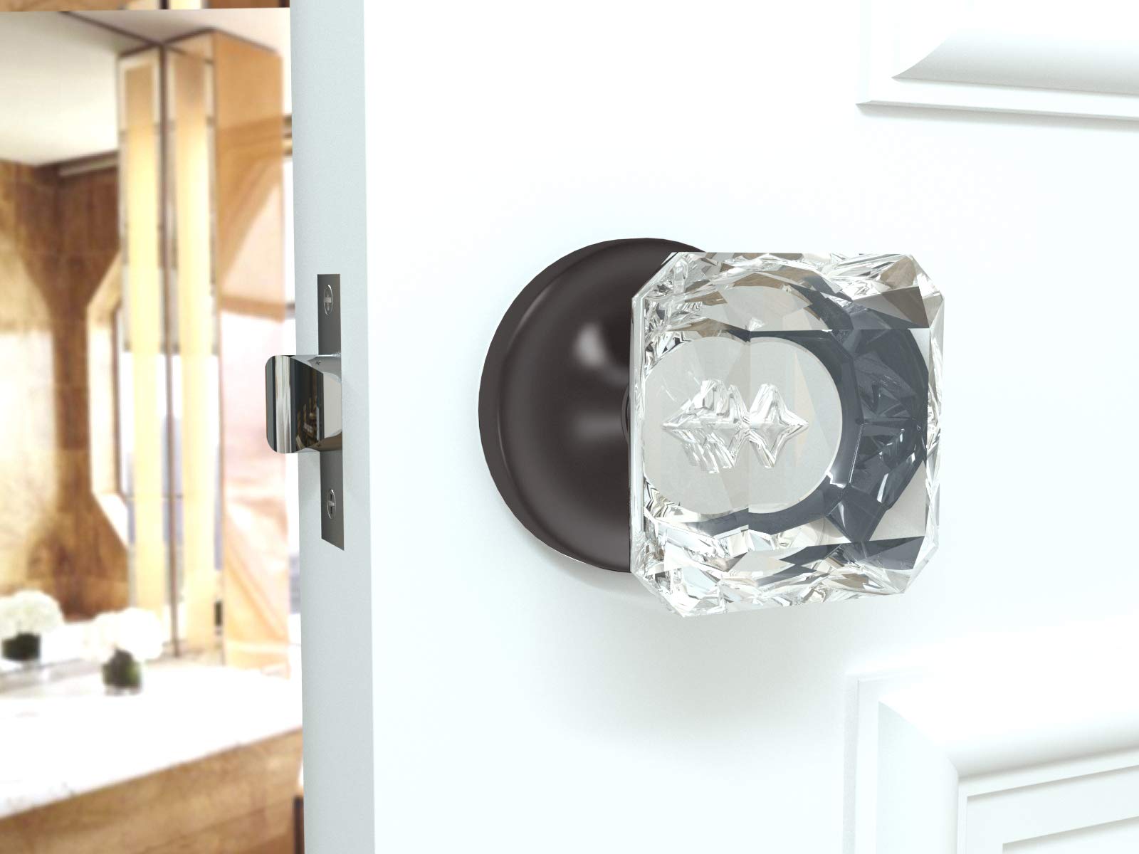 (8 Pack) Dark Grey Princess Cut Crystal Door Knobs with Round Rosette - Elegant Cabinet & Drawer Hardware for Bedroom, Bathroom, Closet, and Home Decor