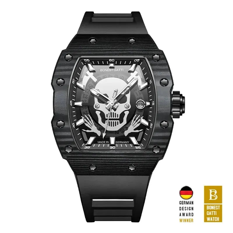 BONEST GATTI Men's Luxury Automatic Skeleton Watch - Tonneau Mechanical Wristwatch with Carbon Fiber Bezel, Titanium Case & Sapphire Crystal - Skull Design with Luminous Hands - Perfect for Business, Formal Events & Collector's Display