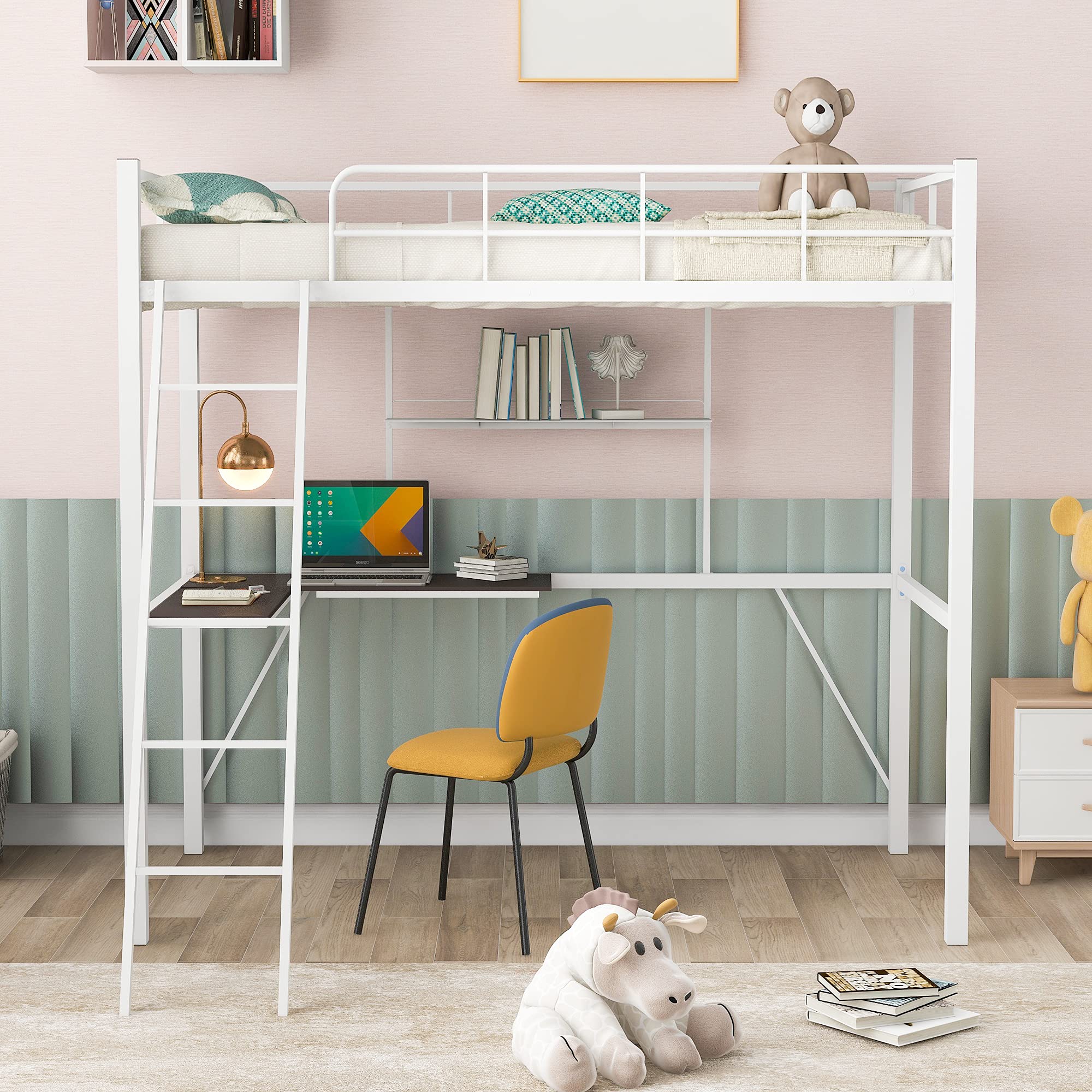 Twin Metal Loft Bed with Desk & Shelves - Heavy Duty Steel Loft Bed Frame for Kids, Teens & Adults | Includes 2 Ladders & Safety Guard Rails | Space-Saving Modern Design for Small Rooms, Dorms & Apartments (White)