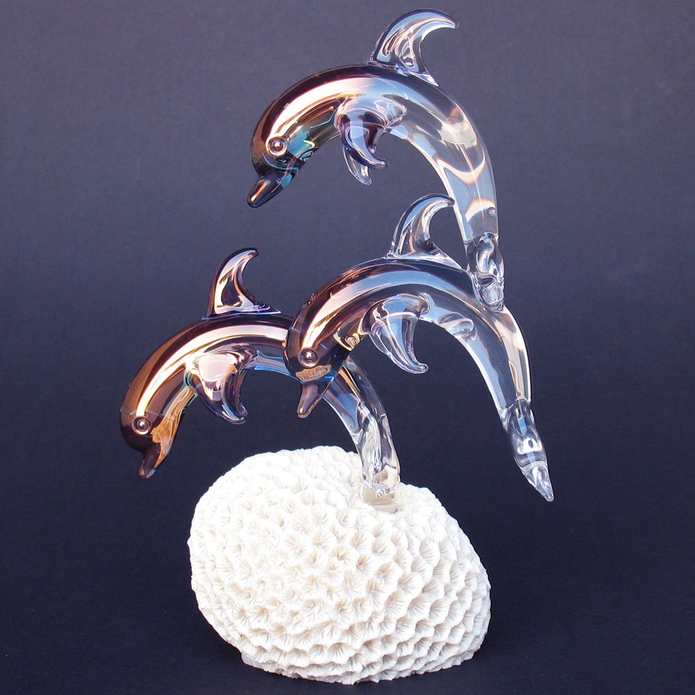 Hand Blown Glass Dolphin Figurine on Coral Reef - Elegant Home Decor, Gift for Ocean Lovers - Perfect for Bookshelf, Office Desk, and Coastal Themed Decorations