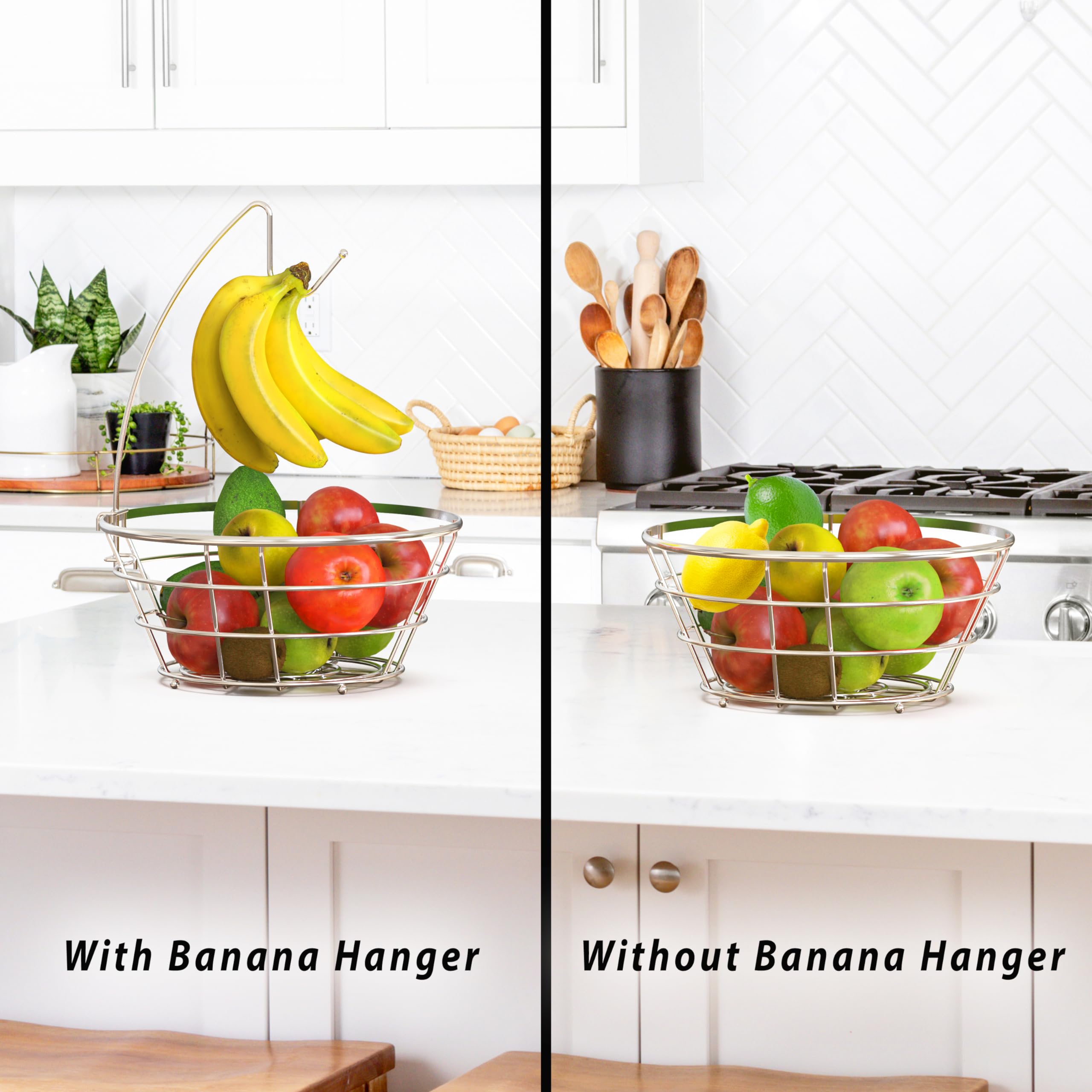 DecoBros Wire Fruit Basket with Banana Hanger - Chrome Finish Fruit Bowl for Kitchen Countertop, Dining Table, and Pantry Organization