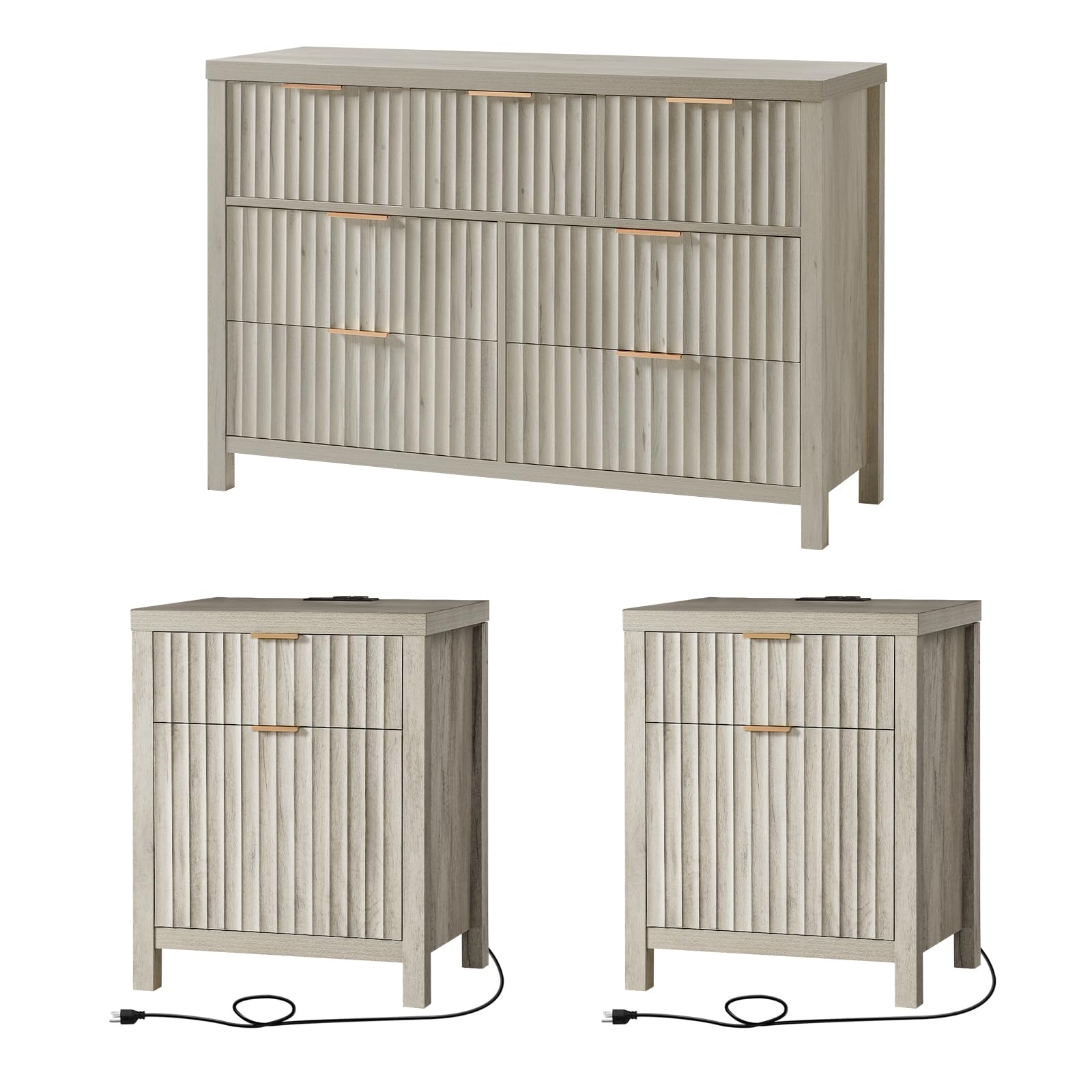 Modern 3-Piece Bedroom Set with Fluted 7-Drawer Dresser & 2 Nightstands - USB Charging Station - Grey Oak Finish - Contemporary Bedroom Furniture for Master Bedroom, Guest Room or Apartment