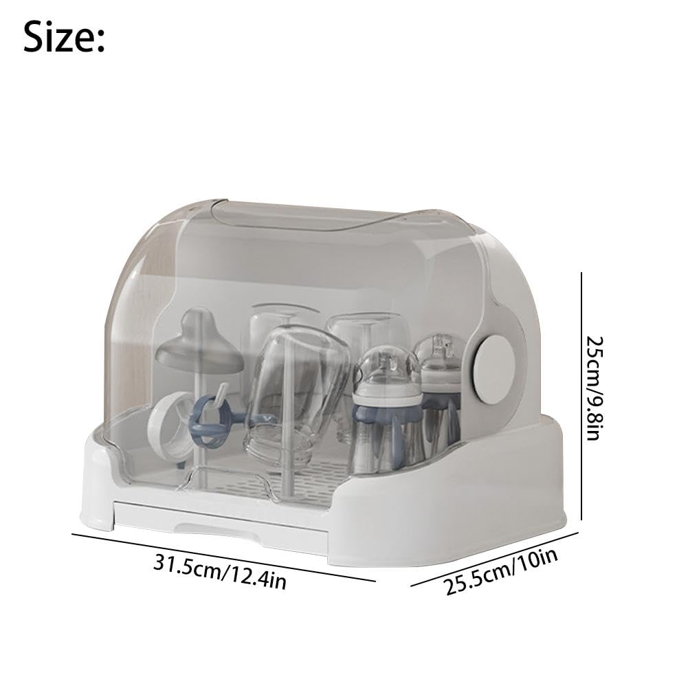 Baby Bottle Drying Rack with Cover & Removable Drain Tray - Portable Countertop Organizer for Toddler Bottles, Pacifiers & Accessories - Space-Saving Nursery Storage Solution (Gray) - Perfect for Breastfeeding Moms & Daycare Use