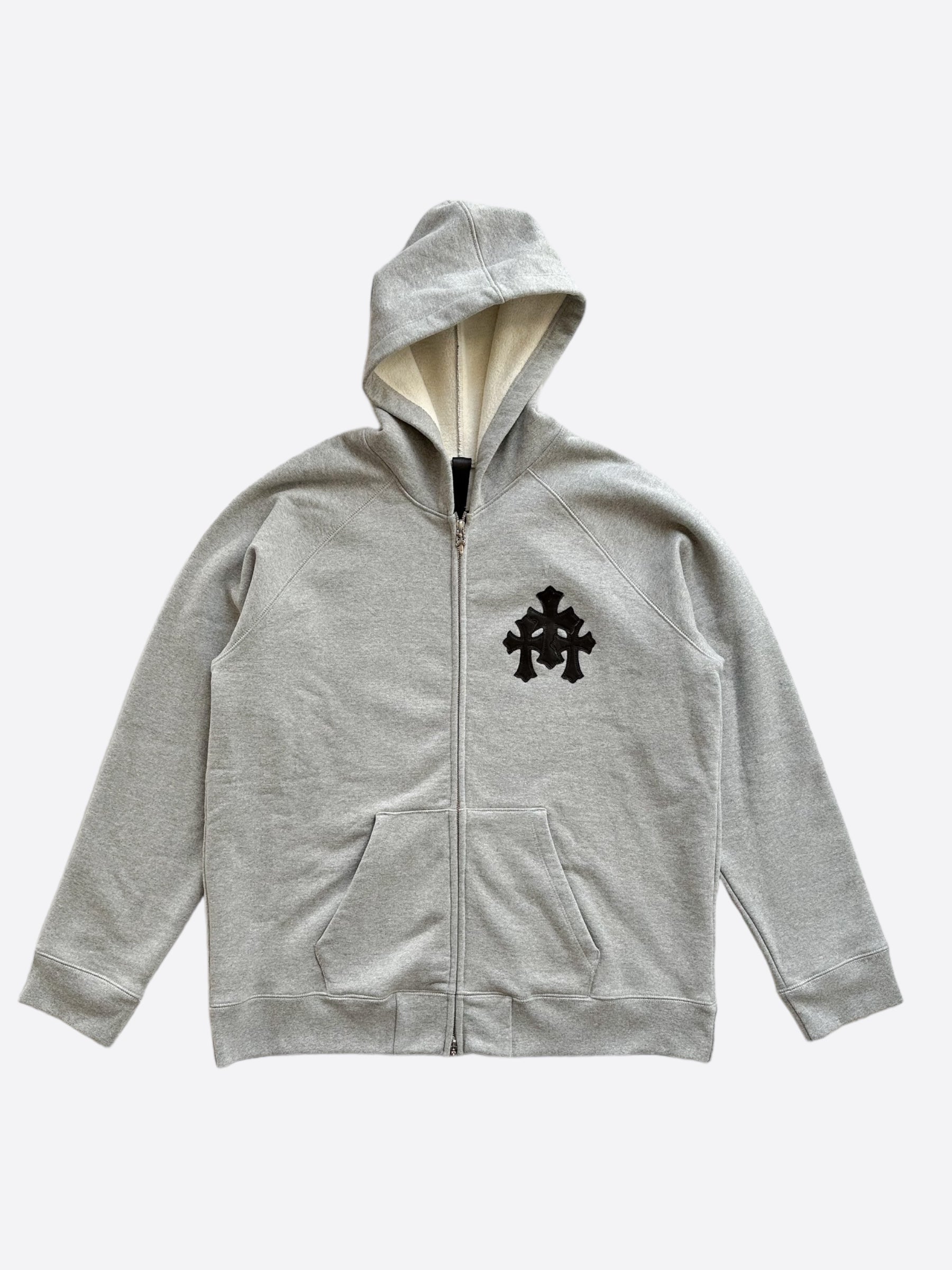 Chrome Hearts Grey & Black Triple Cross Patch Zip Up Hoodie for Men & Women | Streetwear Fashion | Perfect for Casual Outfits & Urban Style