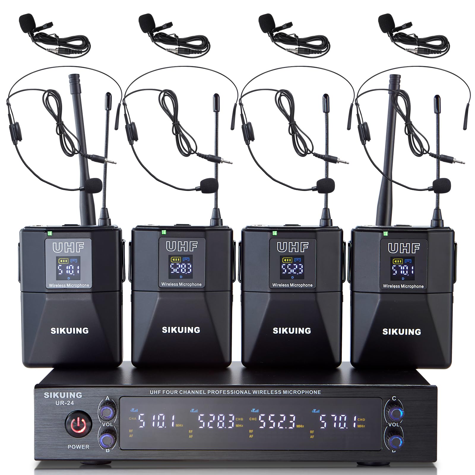 4 Channel UHF Wireless Microphone System with 4 Lavalier Headset Mics - 200 Adjustable Frequencies, 300ft Range - Perfect for Karaoke, Church, Meetings, School Presentations & Live Performances