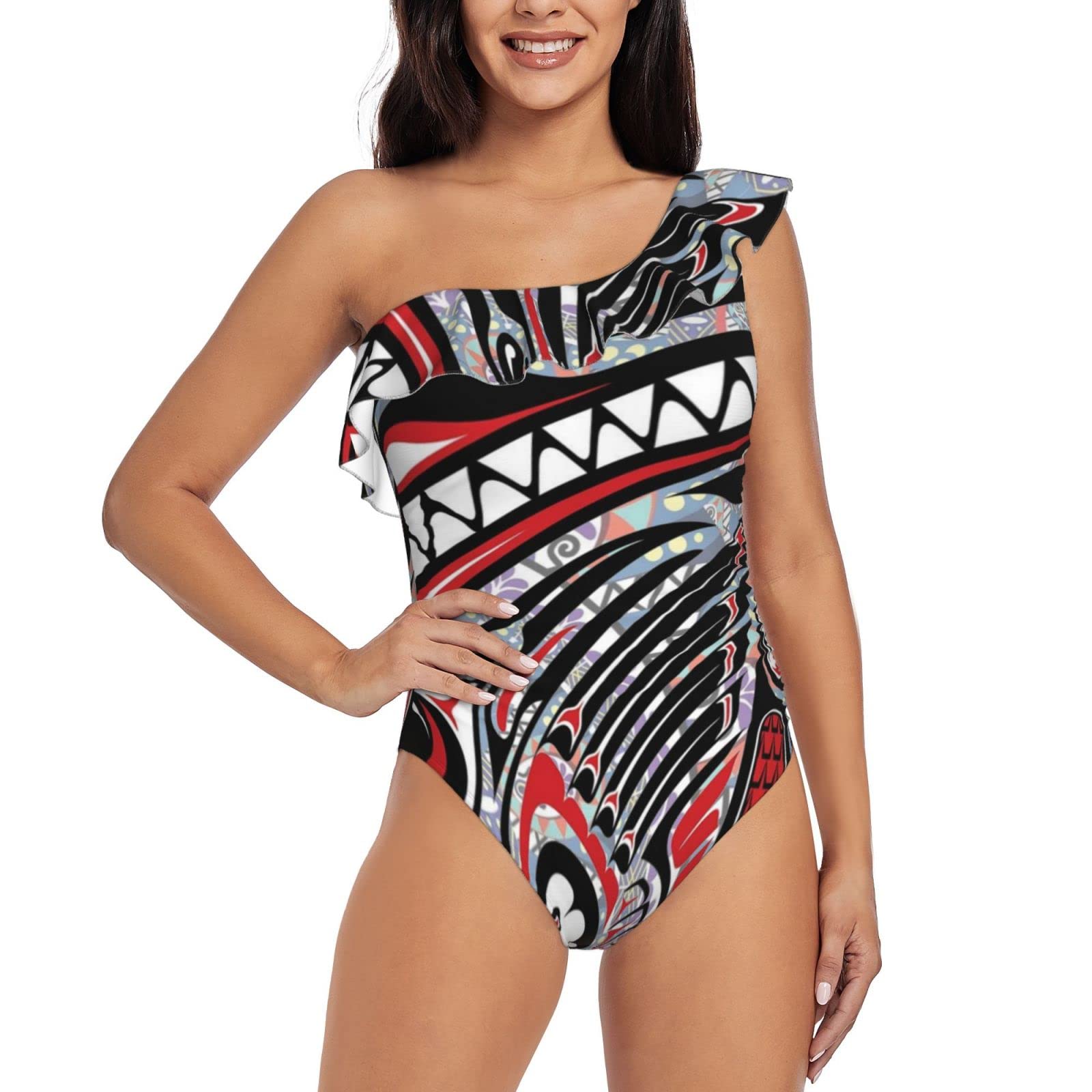 One Shoulder Women's Swimsuits - Retro Ruffle Bathing Suit for Beach & Pool