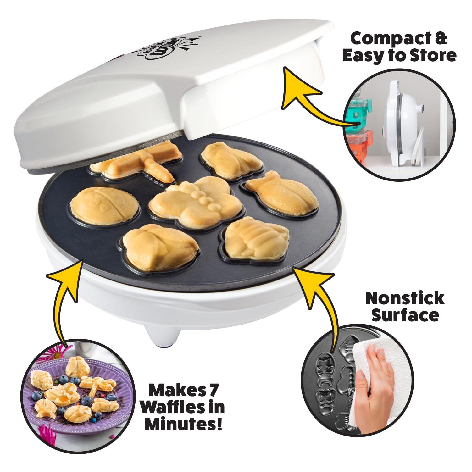 Original Creepy Crawly Bug Waffle Maker - Make 7 Fun Insect-Shaped Pancakes (Beetle, Ladybug, Bee) - Electric Nonstick Waffle Iron for Kids - Perfect for School Breakfast, Birthday Gifts & Family Fun Mornings
