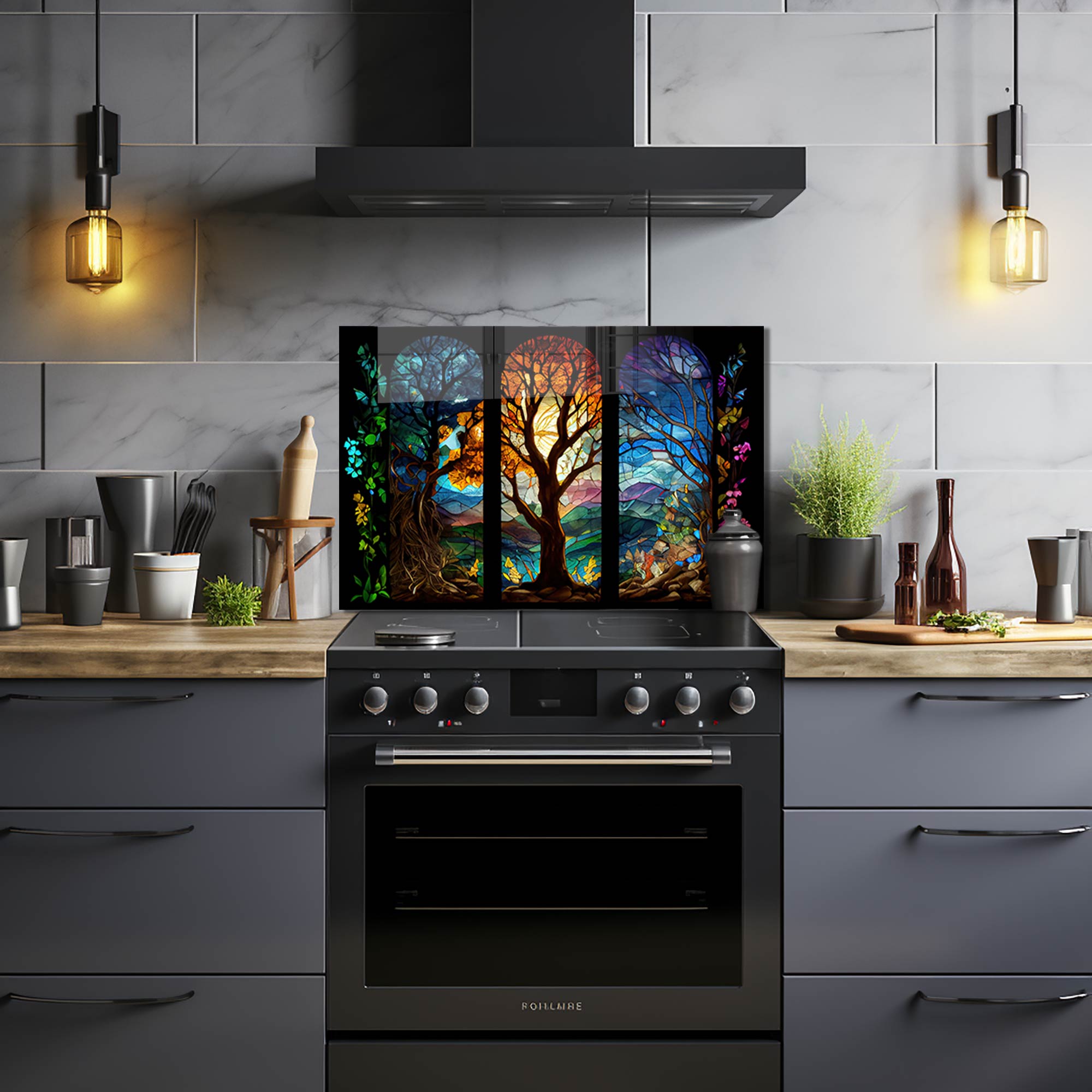 Seasons of Tree Glass Splashback - Modern Kitchen Backsplash Panel - Heat & Stain Resistant Tempered Glass - Perfect for Home Renovation & Kitchen Remodeling