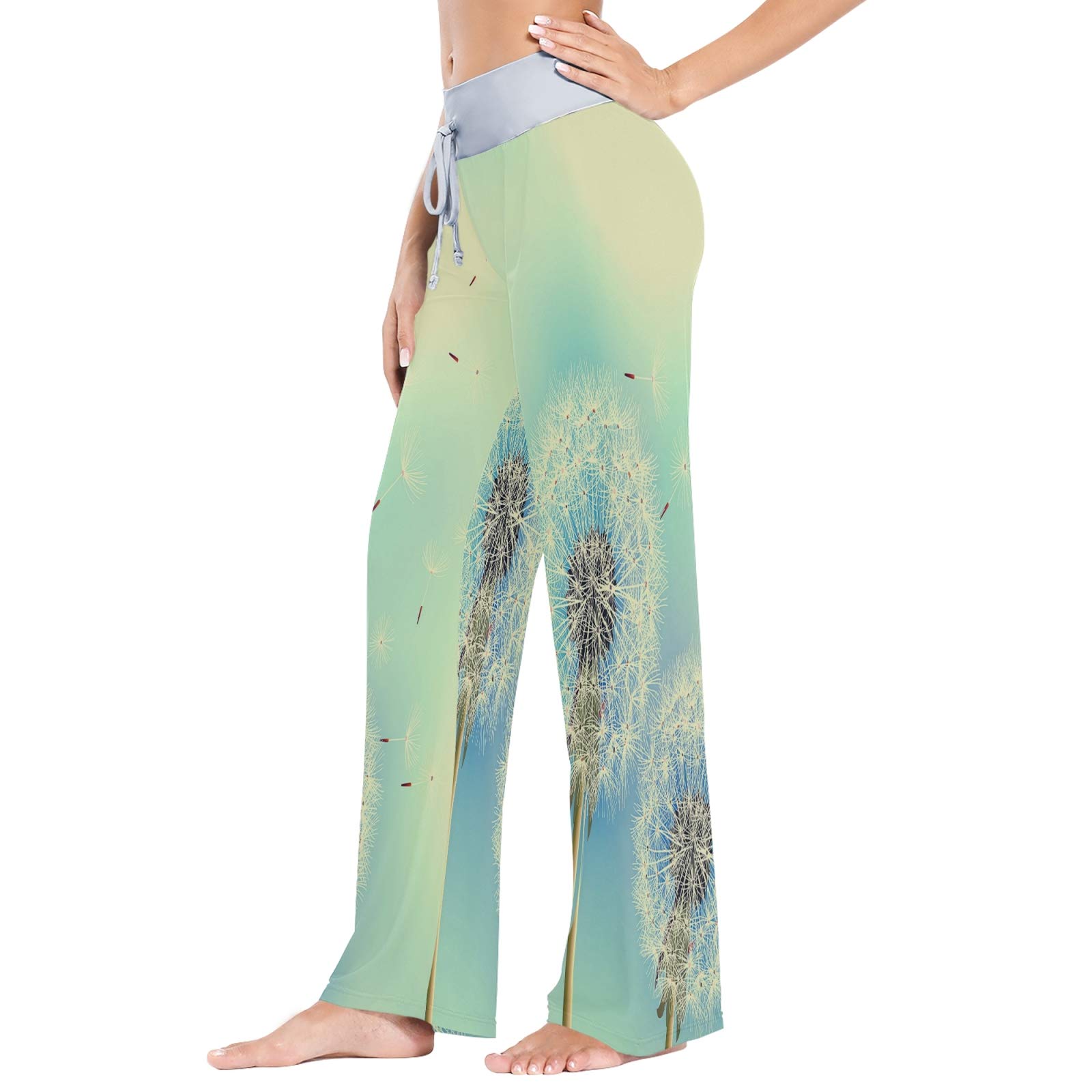 Vintage Dandelion Print Lounge Pants - Soft Stretchy Wide Leg Sleepwear with Drawstring Waist (Large) - Perfect for Relaxing at Home, Yoga & Cozy Nights