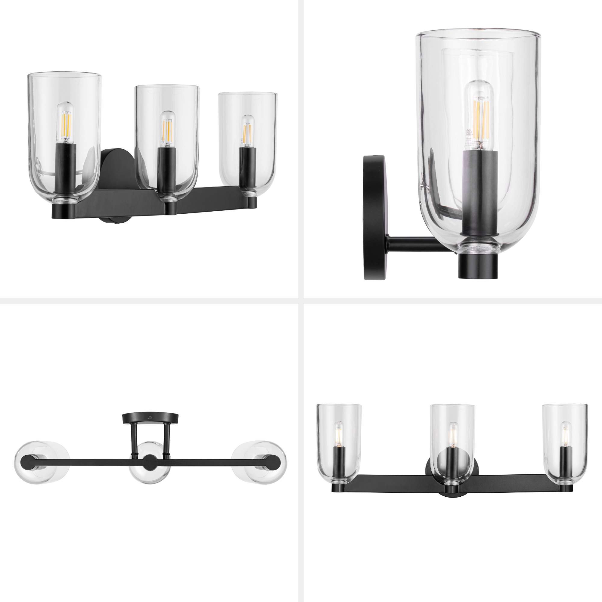 3-Light Hansley Vanity Light Fixture in Matte Black with Clear Glass Shades - Perfect for Bathroom, Bedroom, and Dressing Room Lighting