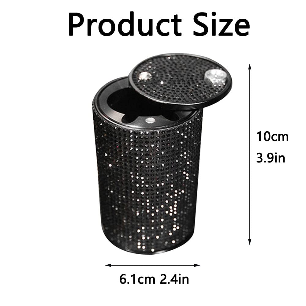 Portable Smell Proof Crystal Diamond Ashtray with Lid - Mini Car Trash Can for Women, Ideal for Car, Home, Office, and Outdoor Use (Black, A)