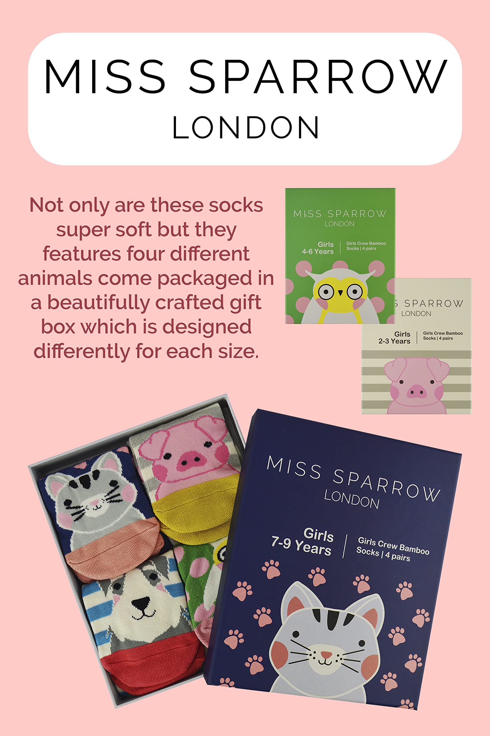 Miss Sparrow - 4 Pack Girls Bamboo Socks | Soft Kids Animal Print Socks in Gift Box | Perfect for School, Play & Holiday Gifts