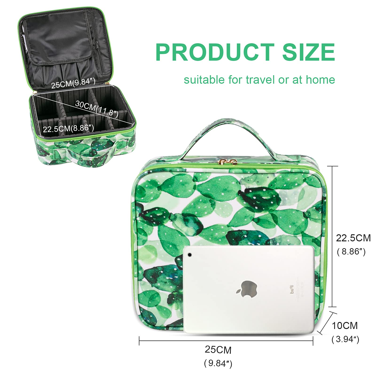 Portable Makeup Train Case with Adjustable Compartments - Cactus Cosmetic Organizer Bag for Women | Perfect for Travel, Makeup Brush Storage, Toiletry & Jewelry Organization | Great for Professional Artists & Digital Accessories Storage