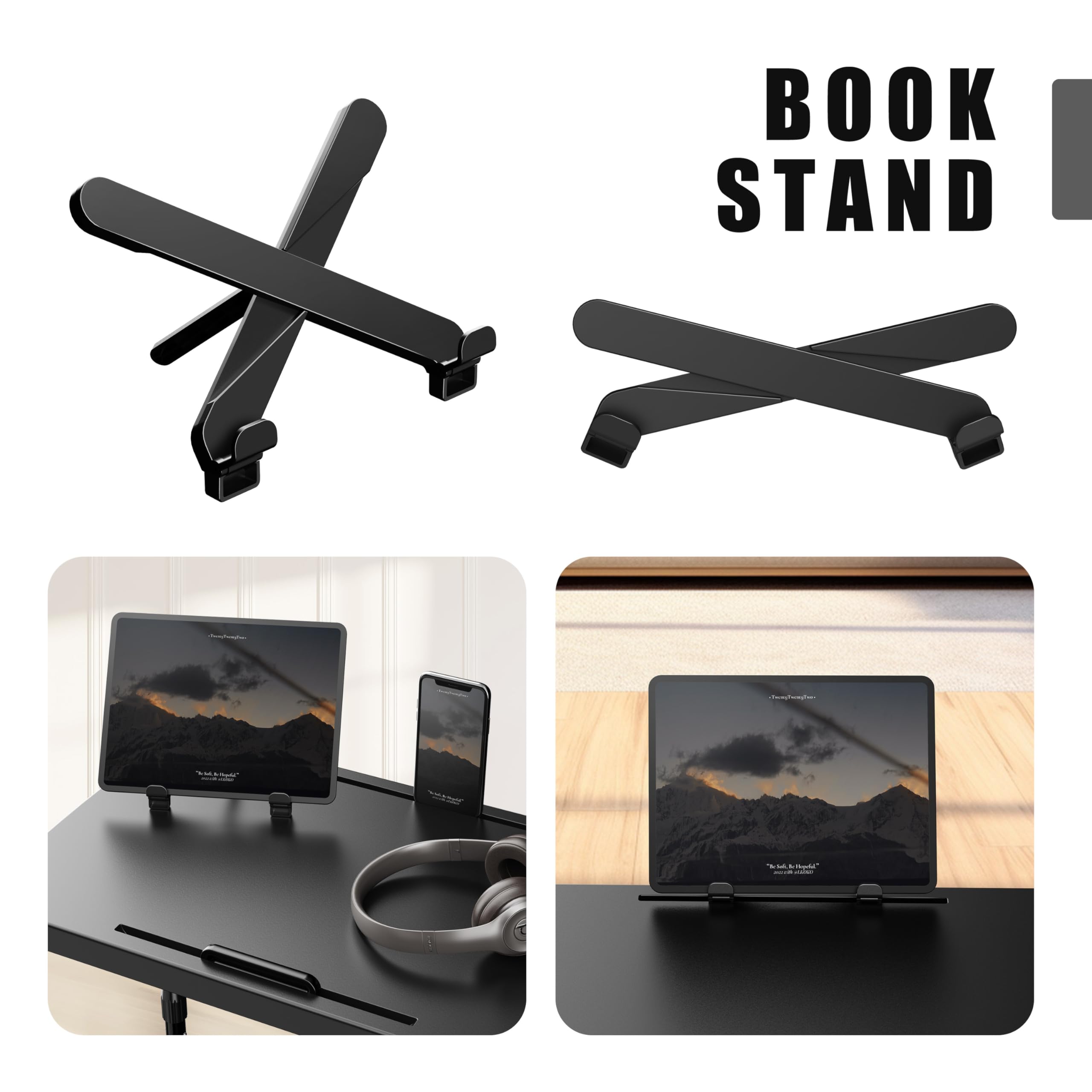 Adjustable Folding TV Tray Table with Book Stand, Cup Holder & Tablet Slot - Portable Laptop Desk for Eating, Working & Reading in Bed or on Couch - Allpop Black TV Dinner Tray for Home, Office & Dorm Use