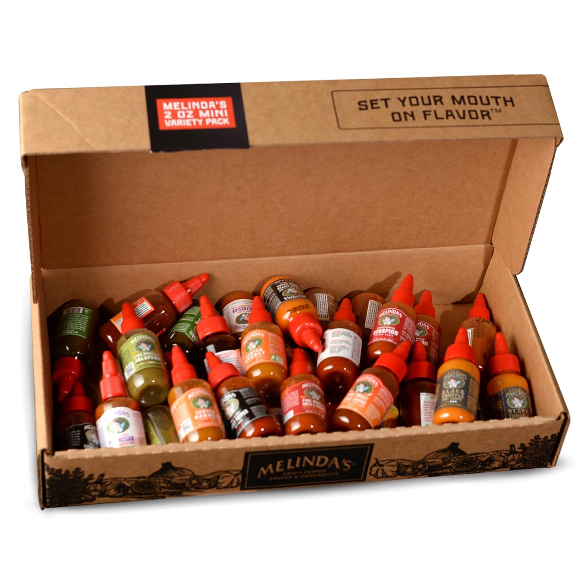 Melinda’s Mini Hot Sauce Variety Pack - 30 Pack (2 Oz Each) - Gourmet Hot Sauce Gift Set with Travel-Sized Bottles - 15 Flavor Options - Perfect for Gifts, Parties, Camping & Spicy Food Lovers