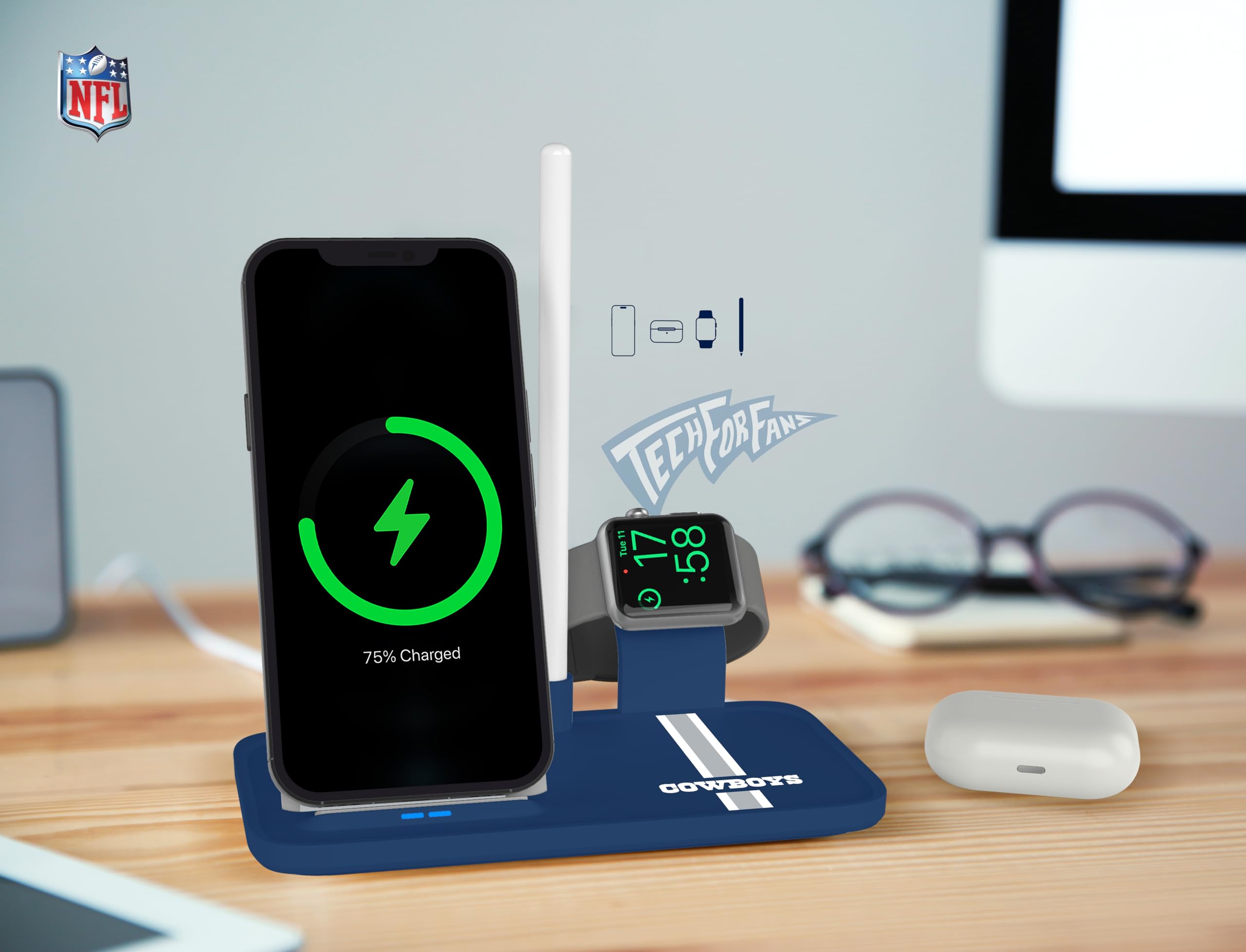 SOAR NFL 4-in-1 Wireless Charging Station for iPhone, Apple Watch, AirPods & Apple Pencil - Fast Qi Charging Dock for Multiple Devices - Perfect for Home, Office & Travel Use