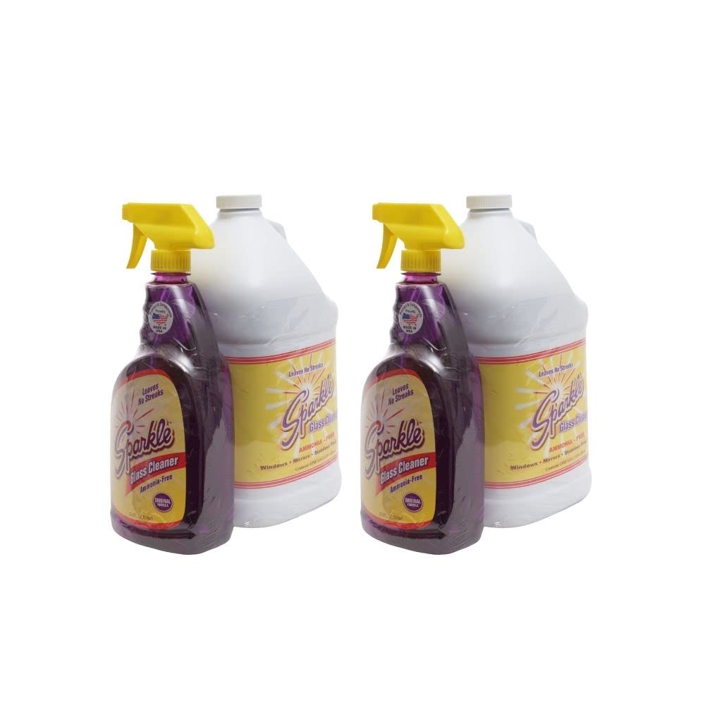 Streak-Free Sparkle Glass Cleaner Spray & Refill Kit - Ammonia-Free Formula for Crystal Clear Windows & Mirrors - 33.8oz Spray Bottle + 1 Gallon Refill (2-Pack) - Perfect for Homes, Offices & Car Windows