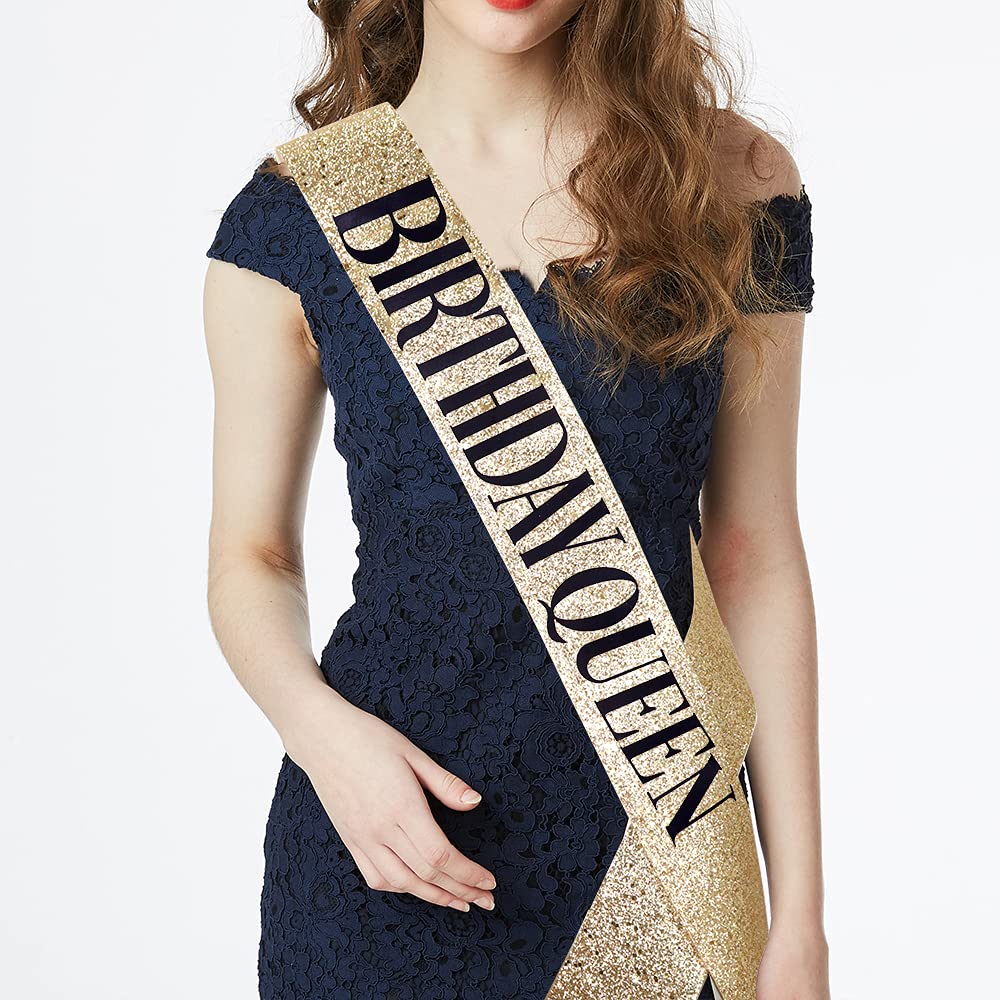 Birthday Queen Sash & Rhinestone Tiara Set - 21st 30th Birthday Party Supplies for Women, Gold Glitter with Black Lettering - Perfect for Bachelorette Parties, Birthday Celebrations & Special Occasions