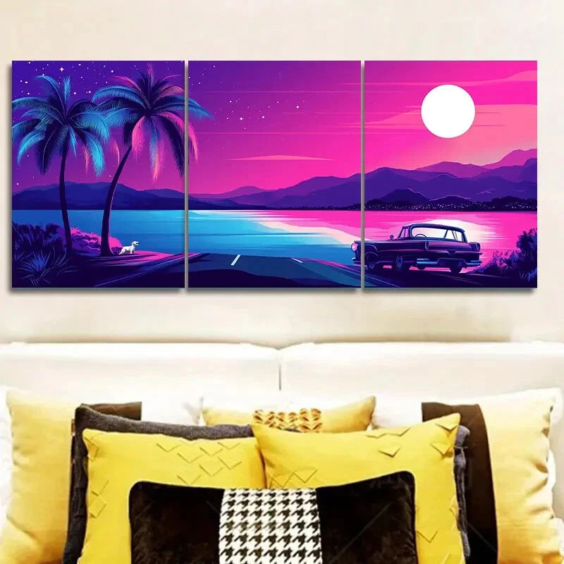 3-Piece Miami Beach Sunset with Palm Trees Wall Art Set - Framed Canvas 40x60cm (16x24in) - High Quality Print, 100% Australian Made, Ready to Hang - Perfect for Living Room, Bedroom & Office Decor