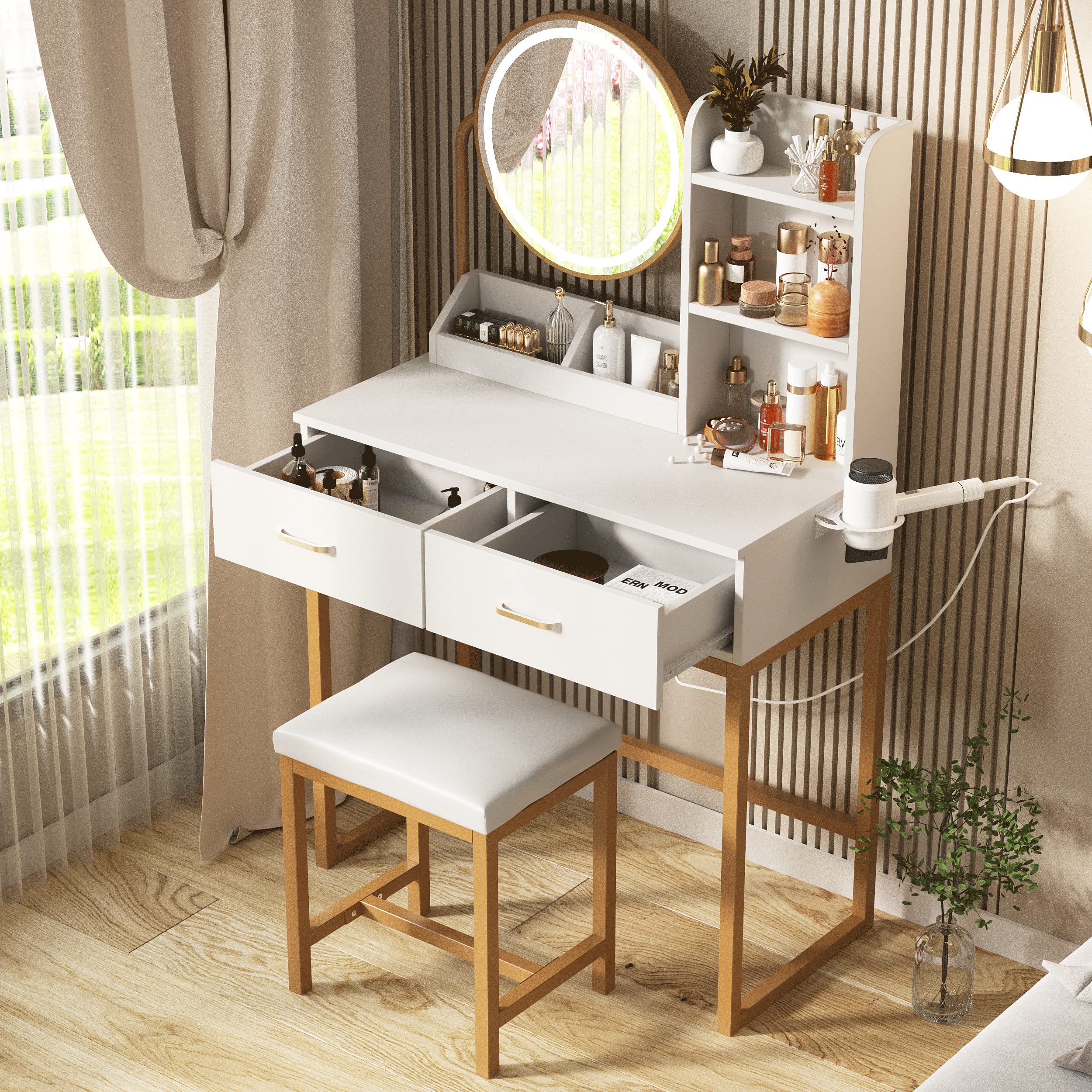 White Makeup Vanity Desk with Round Mirror & LED Lights - 3 Lighting Modes, Spacious Storage, 31.5
