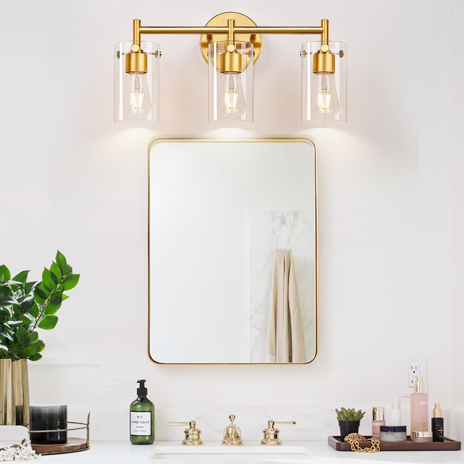 2023 Upgraded 3-Light Brushed Gold Bathroom Vanity Light with Clear Glass Shade - Modern Gold Bathroom Lighting Fixtures for Mirror, Bedroom, Living Room & Hallway - Perfect for Home Decor and Ambient Lighting