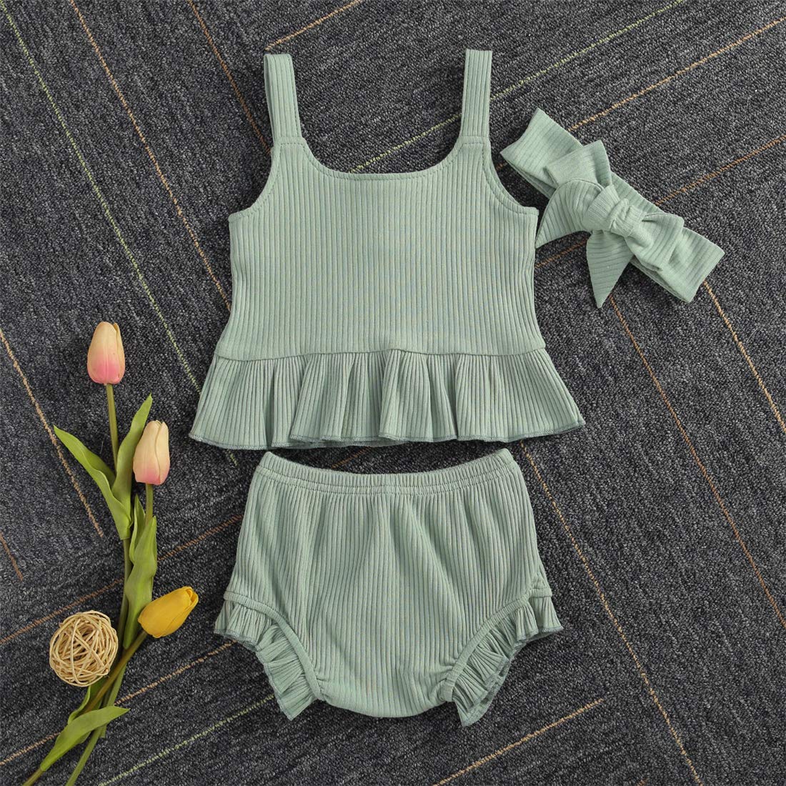 Newborn Baby Girl Summer Outfit Set - Knitted Suspender Dress with Ruffle Top & Shorts | Soft & Comfortable Infant Clothes for 0-24 Months | Perfect for Summer Photoshoots, Family Outings & Special Occasions