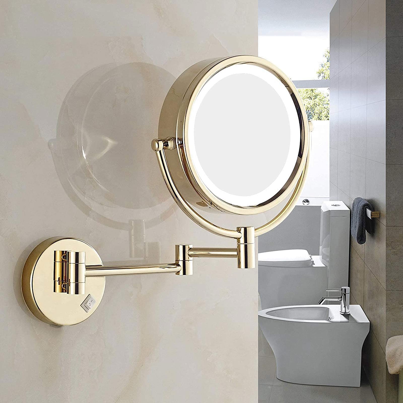 Gold Finish 3X Magnifying Makeup Mirror with LED Lights - 8.5 Inch Wall Mounted, 360° Swivel & Retractable Dual-Side Design for Perfect Makeup Application - Ideal for Home Vanity, Hotel Spa & Bathroom Decor