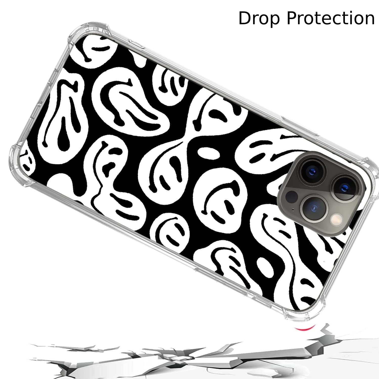 Trippy Aesthetic Black & White Smiley Face iPhone 11 Pro Max Case - Trendy Melting Design TPU Bumper Cover | Perfect for Music Festivals, Rave Parties & Unique Style Lovers