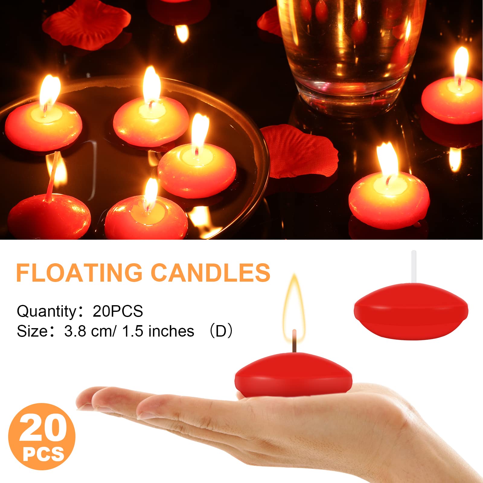 Floating Candles for Wedding Decor - 20 Pack, 1.5 Inch Unscented Pool & Bathtub Candles - Romantic Dinner Party Centerpieces (Red)