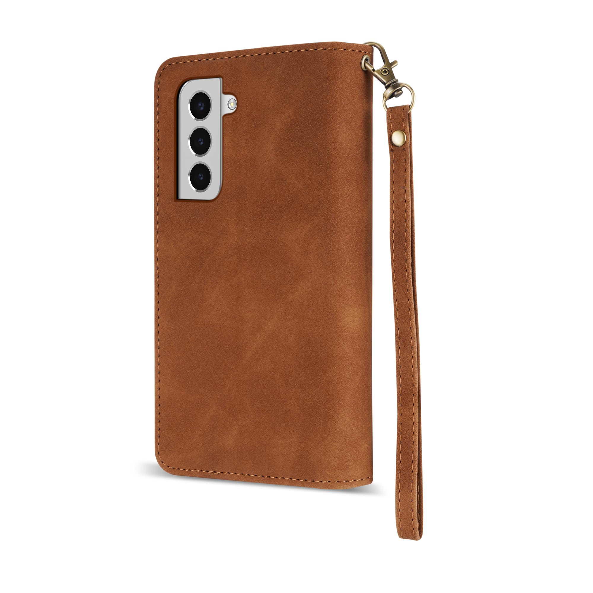 Premium Soft PU Leather Zipper Flip Folio Wallet Case for Samsung Galaxy S22 Plus (6.6 Inch) - Card Slots, Wrist Strap & Kickstand | Protective Cover for Everyday Use, Travel & Business Meetings (Brown)