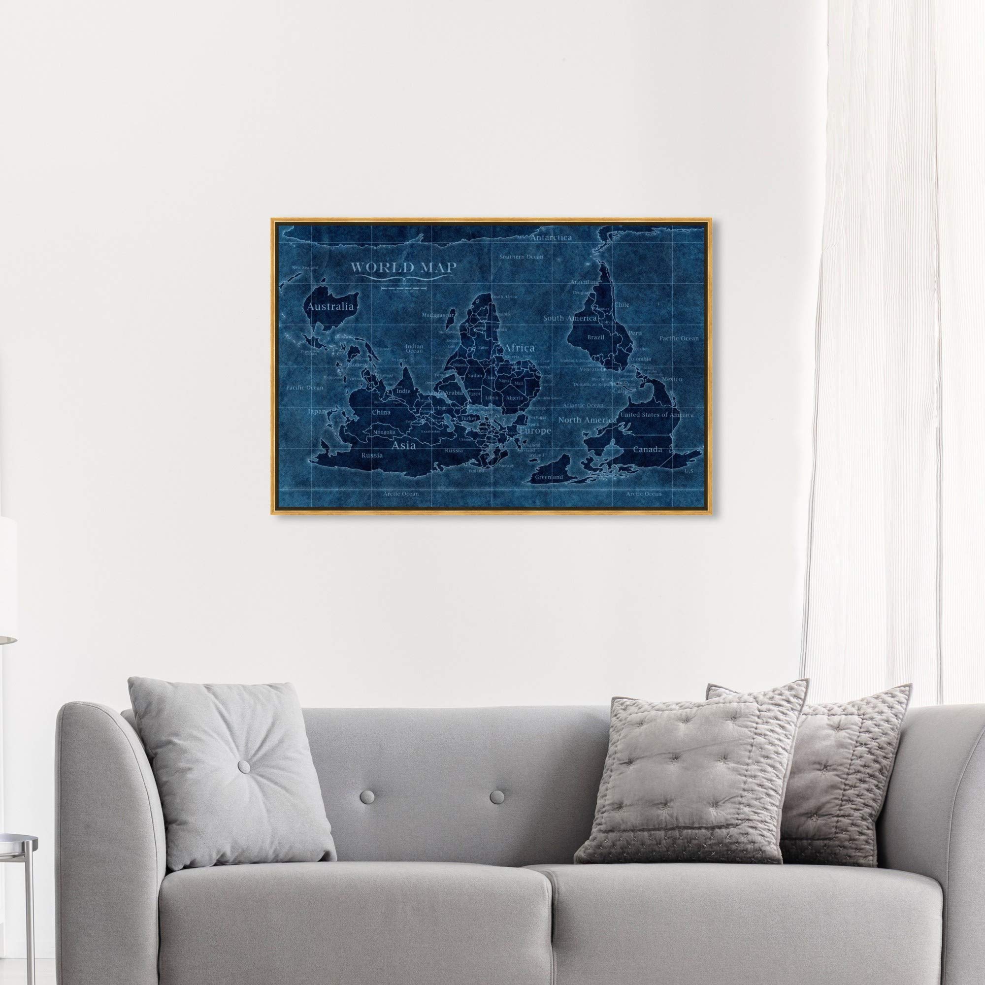Upside-Down World Map Framed Wall Art - Premium Canvas Prints for Home & Office Decor | Unique World Maps & Flags Design for Living Room, Bedroom or Study