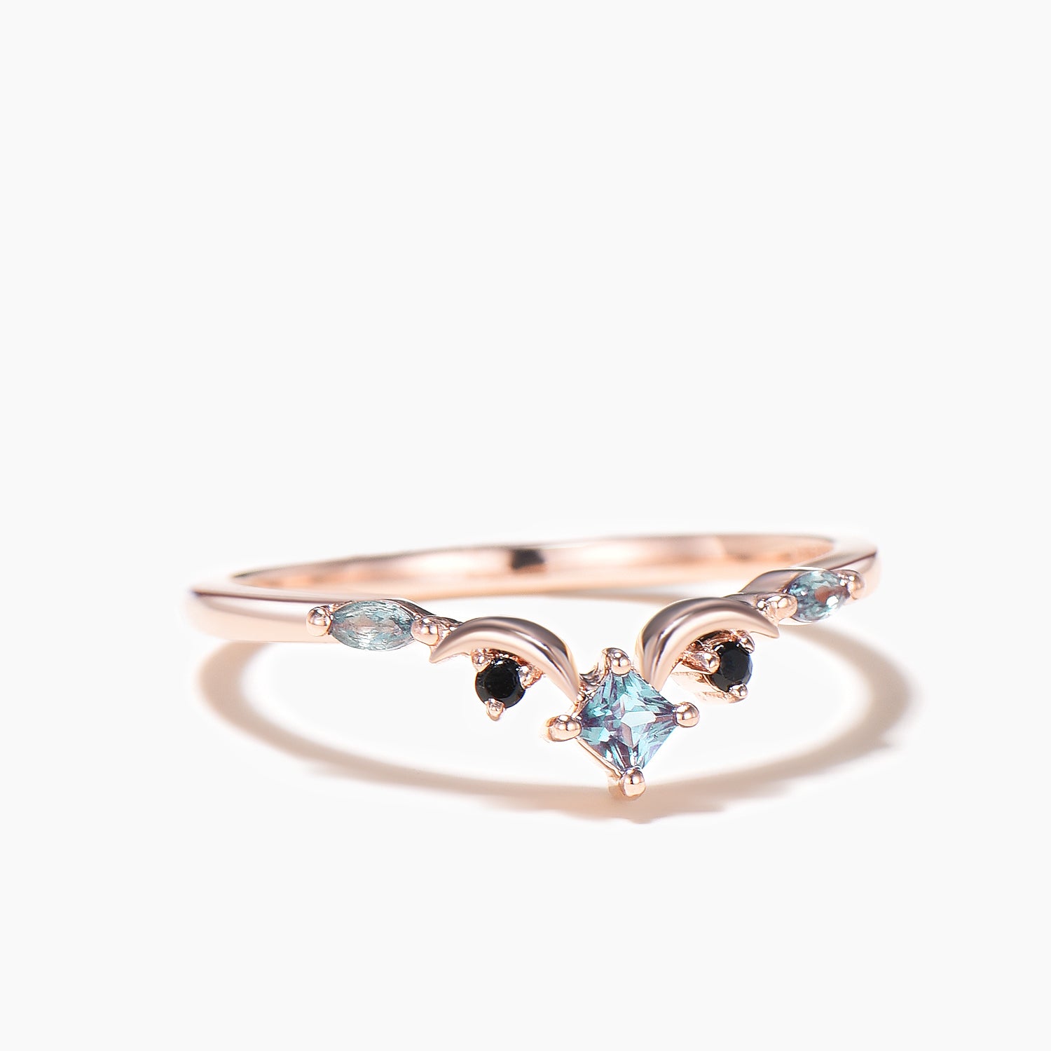 Princess Cut Color Changing Alexandrite Wedding Band with Black Spinel - Elegant Moon Ring for Engagement, Anniversary & Special Occasions