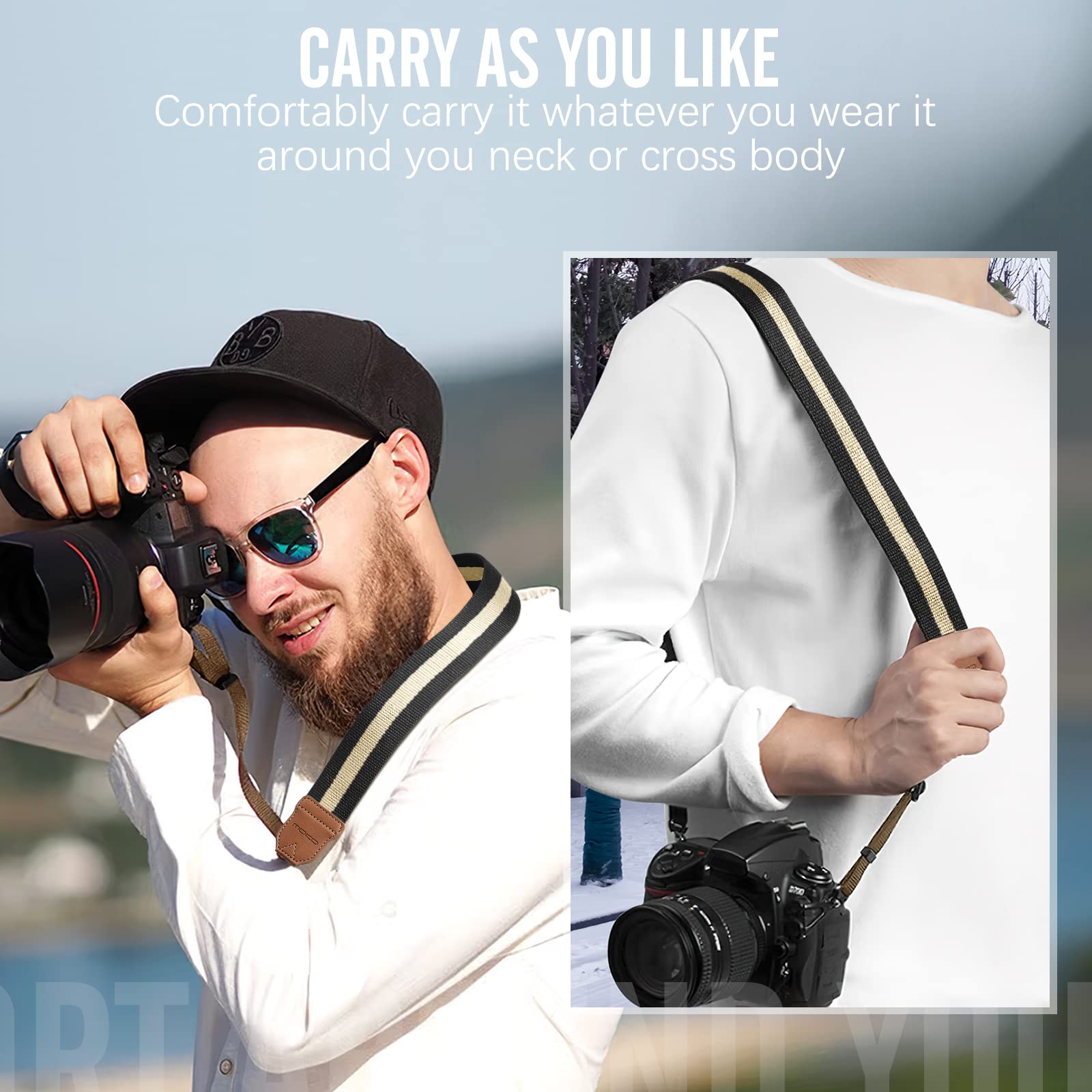 MoKo Adjustable Cotton Woven Camera Strap - Universal Neck & Shoulder Strap for DSLR, SLR, Mirrorless Cameras (Nikon/Canon/Sony/Panasonic) & Binoculars - Comfortable & Durable (Black & Beige) - Perfect for Travel, Photography & Outdoor Adventures