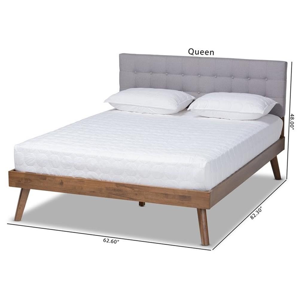 BOWERY HILL Mid-Century Modern Fabric Queen Size Platform Bed Frame - Light Gray/Walnut Finish - Sturdy Wood Slat Support - Perfect for Contemporary Bedrooms & Guest Rooms
