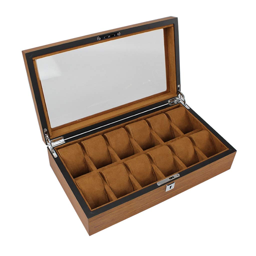 Premium Large Wooden Watch Box with Glass Lid & Lock - 12 Grids Display Storage Case for Men & Women - Holds Wristwatches, Jewelry & Bracelets - Perfect for Home, Office & Travel Organization (Brown)
