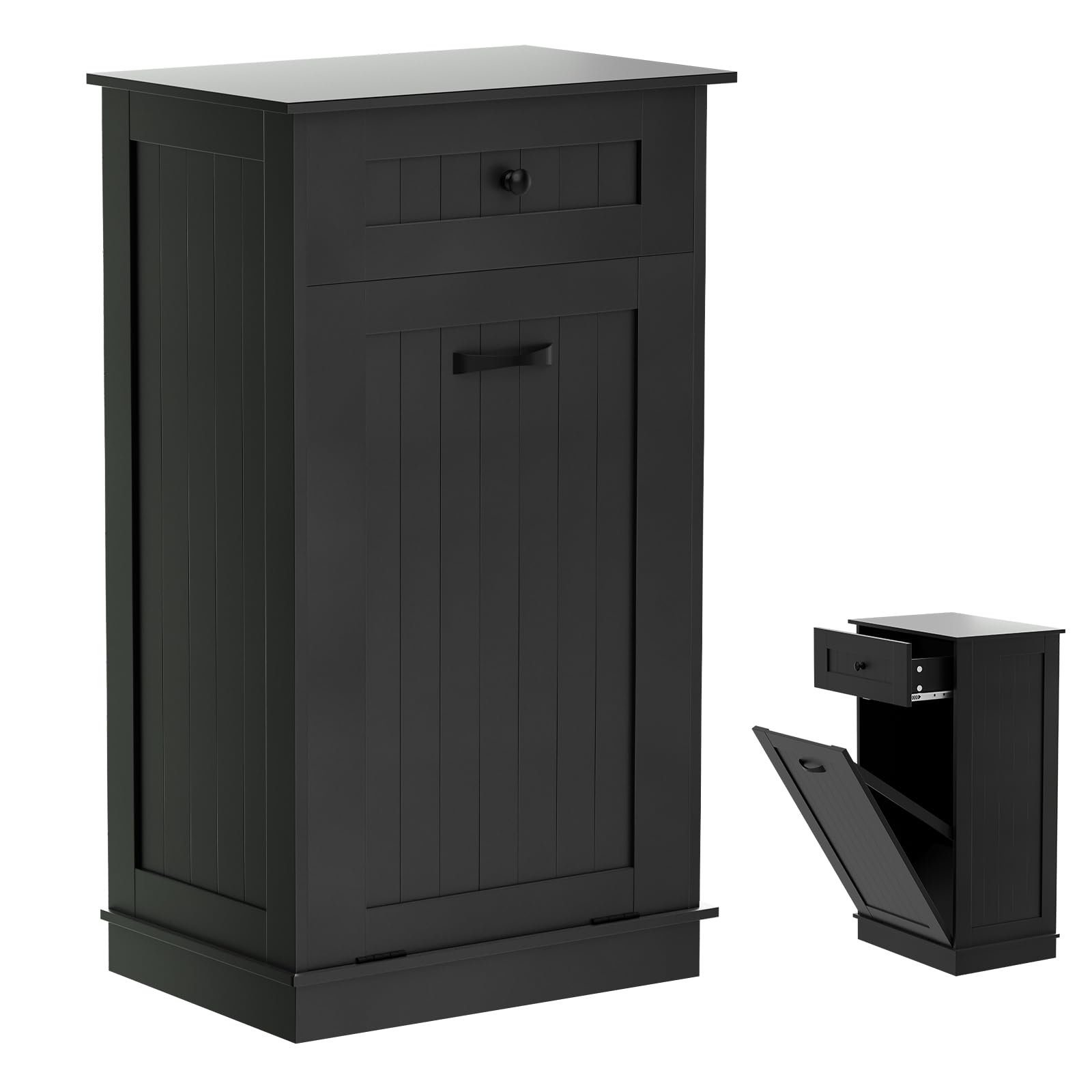 Wooden Tilt-Out Trash Cabinet - Dog Proof Garbage Can Holder with Laundry Hamper - Kitchen Island Organizer in Black - Perfect for Pet Owners & Small Space Kitchens