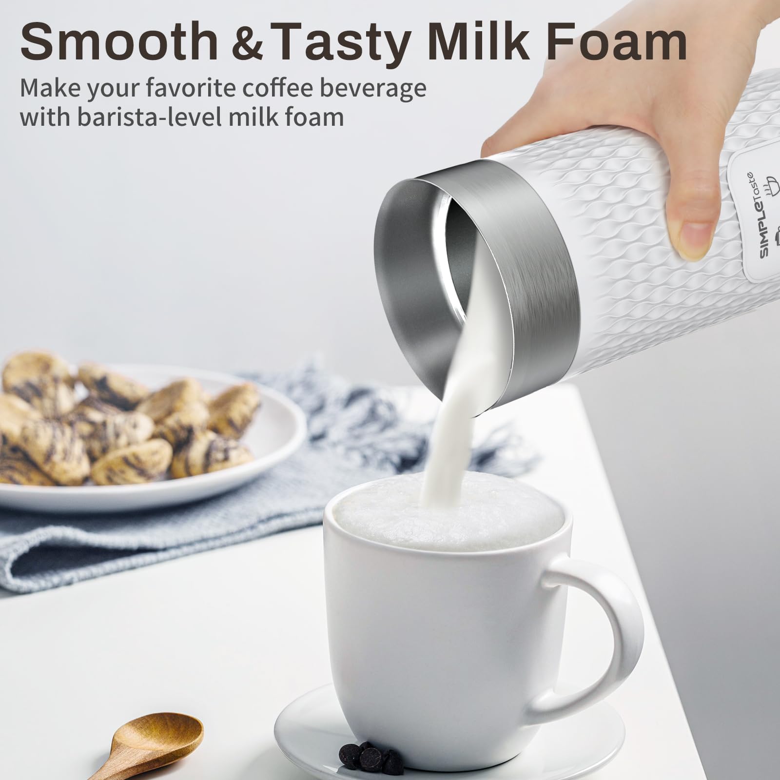SIMPLETASTE 4-in-1 Electric Milk Frother and Warmer - Automatic Hot & Cold Foam Maker for Latte, Cappuccino, Macchiato - Perfect for Home Coffee Bar, Office Use, and Gift Giving