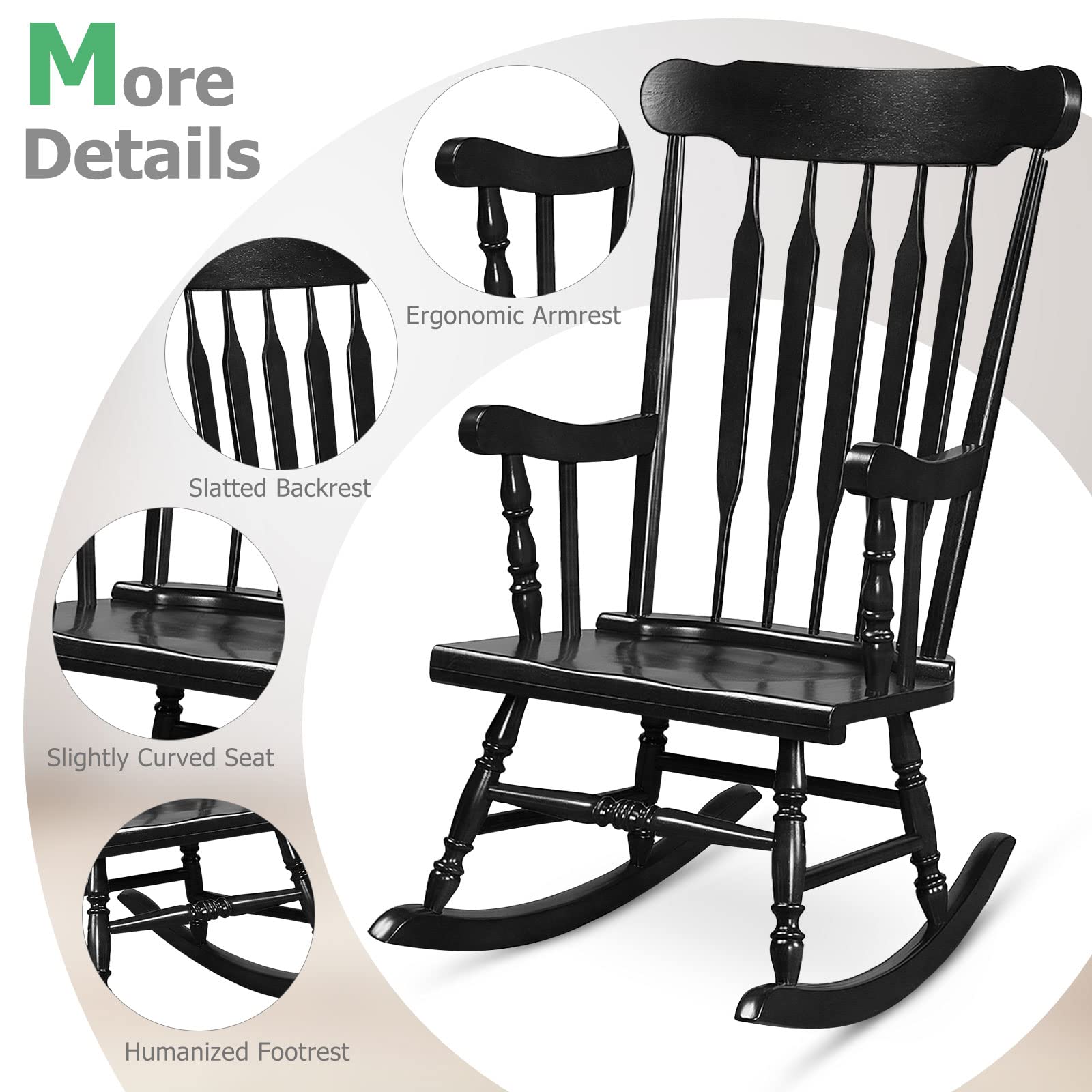 Tangkula Solid Rubber Wood Patio Rocking Chair - Outdoor Porch Rocker with Durable Wood Frame - Indoor/Outdoor Wooden Rocking Chair for Garden, Backyard, Balcony & Living Room (Black) - Perfect for Relaxing, Reading & Enjoying Nature