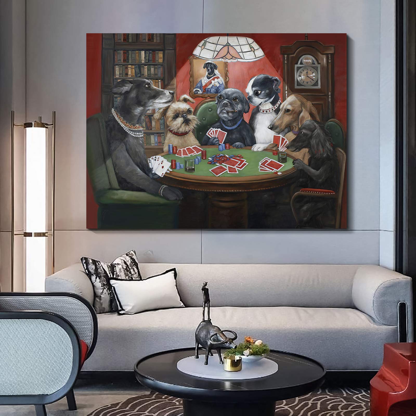 Denozer - Dogs Playing Poker by Cassius Marcellus Coolidge Oil Painting Reproduction - Premium Giclee Canvas Print - 40x30 inches - Ready to Hang Wall Art for Game Room, Man Cave & Entertainment Space Decor