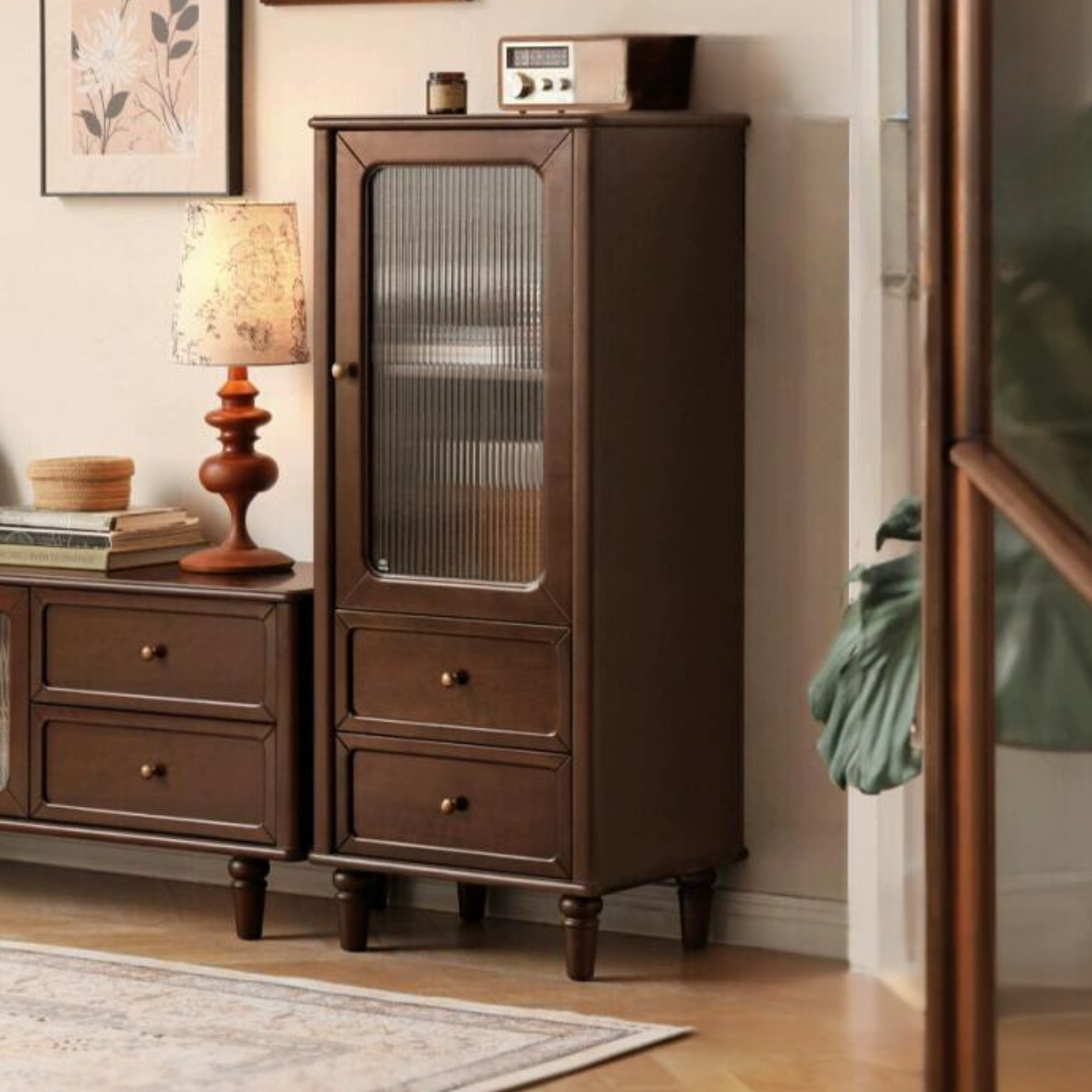 Vintage Poplar Solid Wood Side Cabinet - American Retro Style Nightstand for Bedroom, Living Room & Office Storage