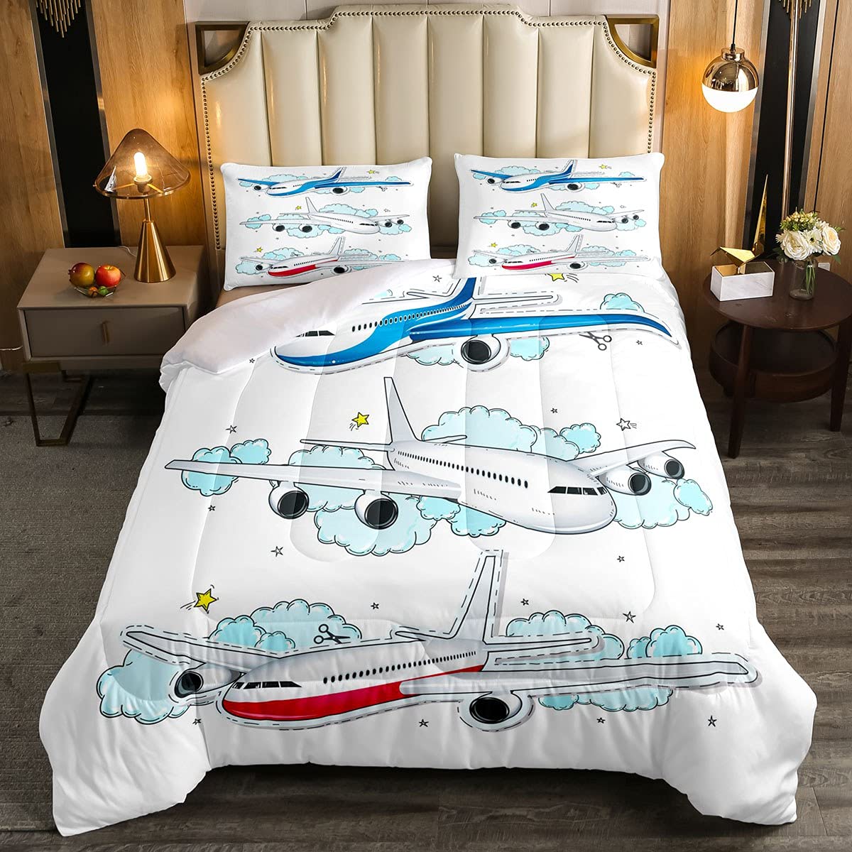 Airplane Themed Kids Comforter Set - Aviation Cartoon Aircraft Bedding with 1 Down Comforter & 2 Pillow Cases, Queen Size White - Perfect for Boys' Room Decor & Airplane Lovers' Bedroom